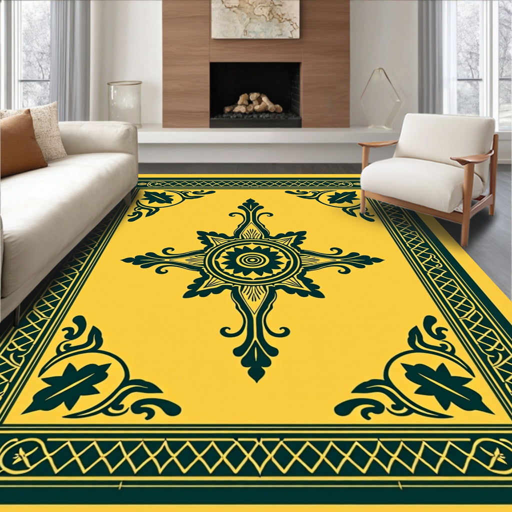 Golden Teal Intricate Floral Medallion Rug