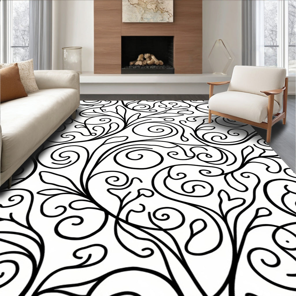 Black White Swirling Vine Scroll Rug