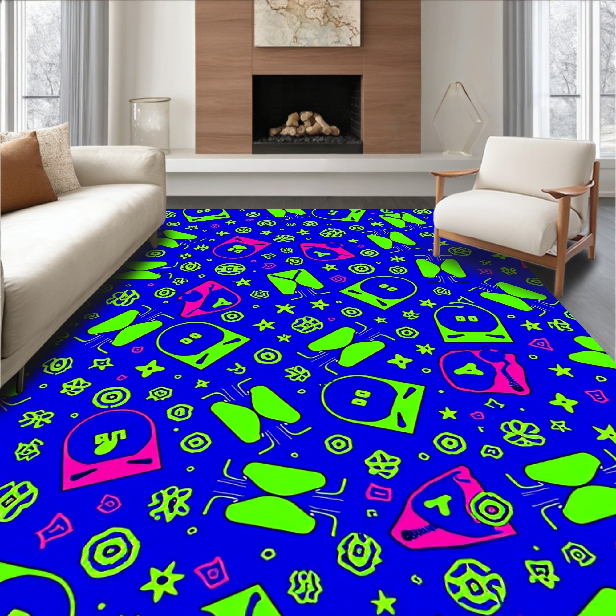 Bright Green Pink Abstract Shapes Rug