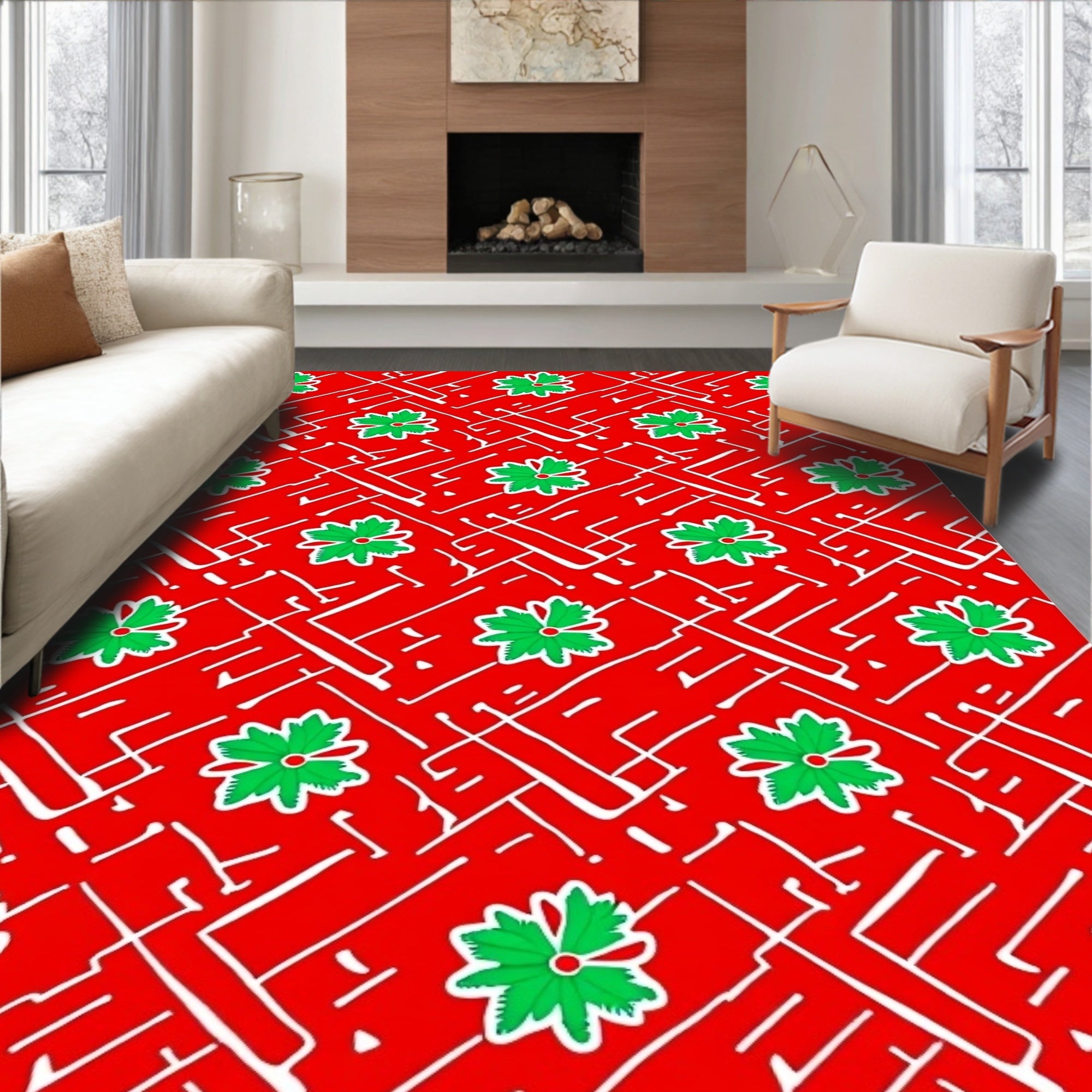 Red Green Floral Geometric Abstract Rug