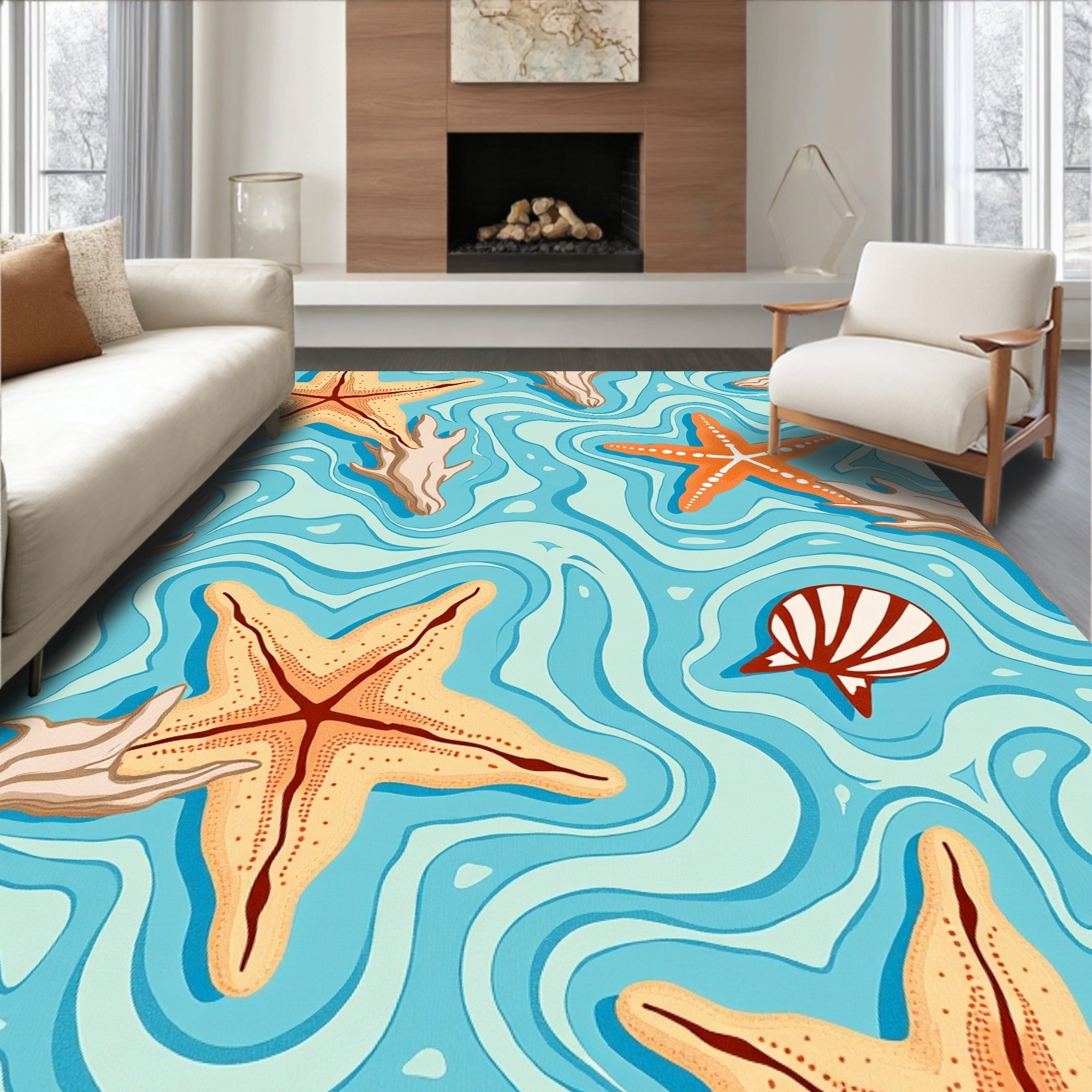 Oceanic Starfish Coral Waves Rug