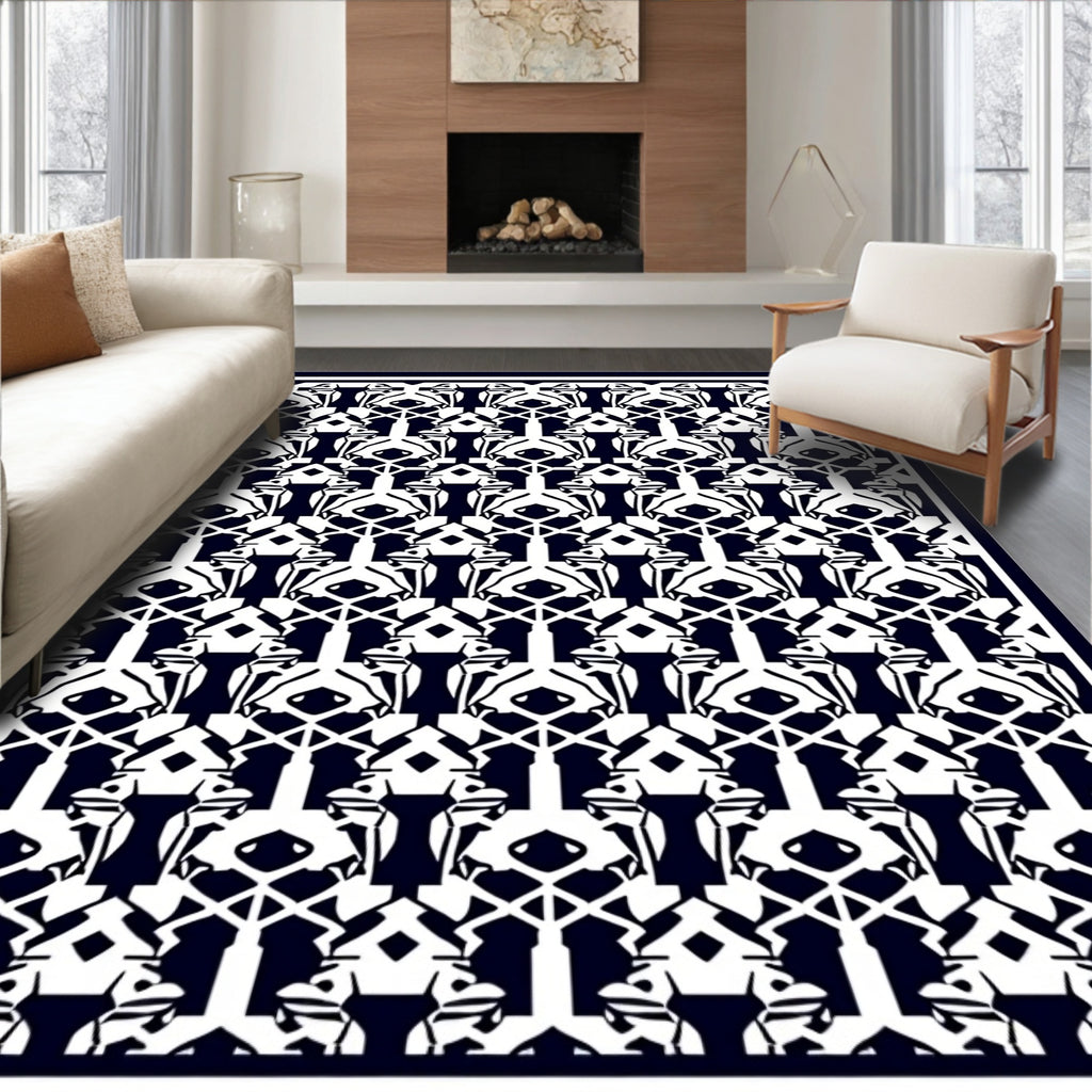 Dark Navy White Abstract Creature Medallion Rug