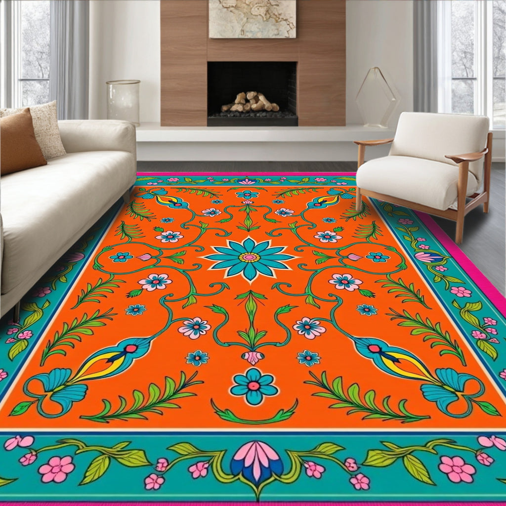 Vibrant Orange Floral Garden Rug