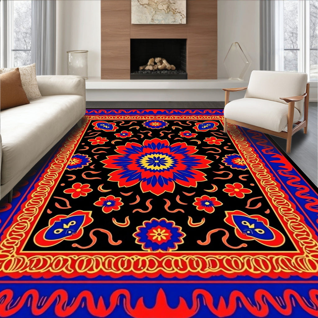 Bold Red Blue Floral Mandala Rug