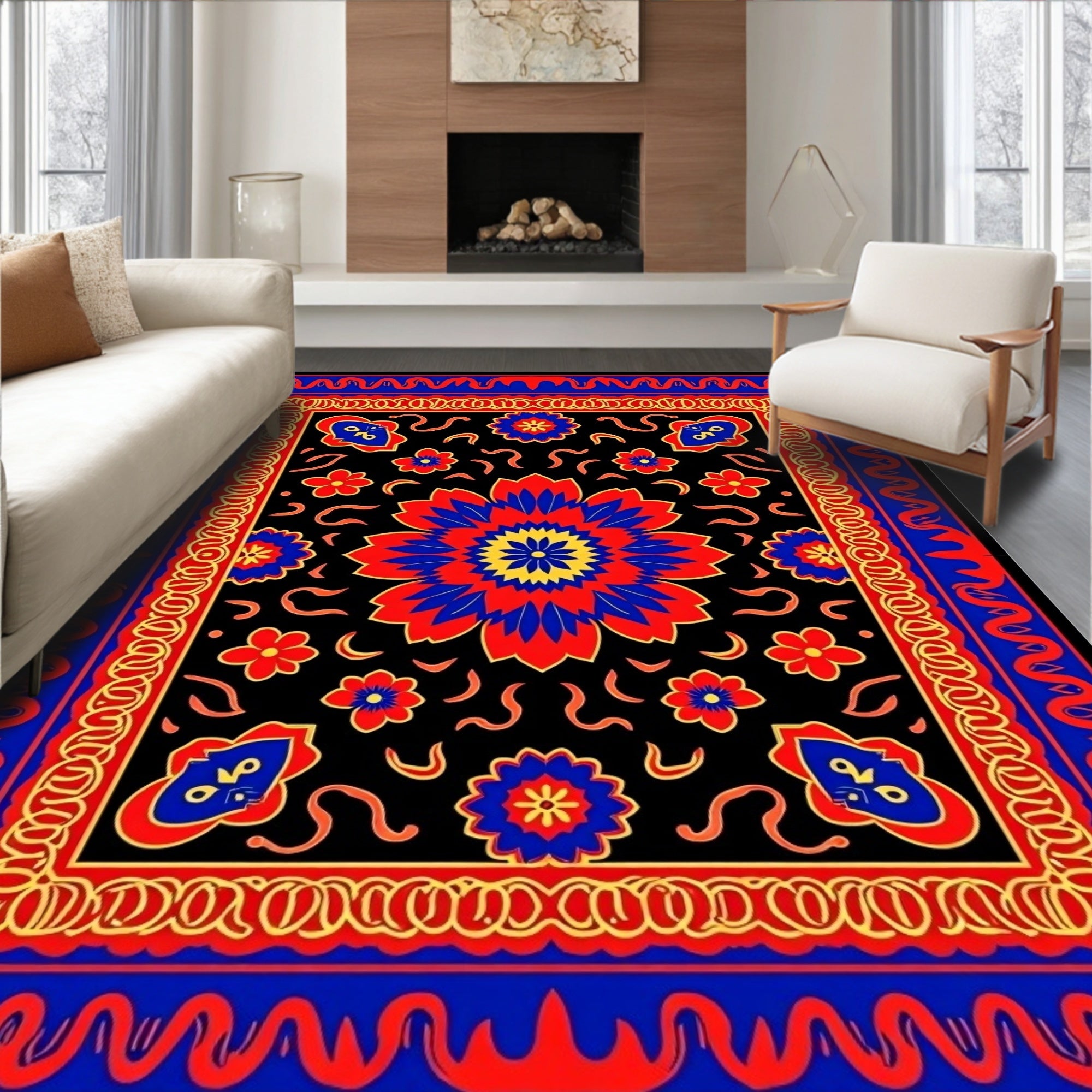 Bold Red Blue Floral Mandala Rug