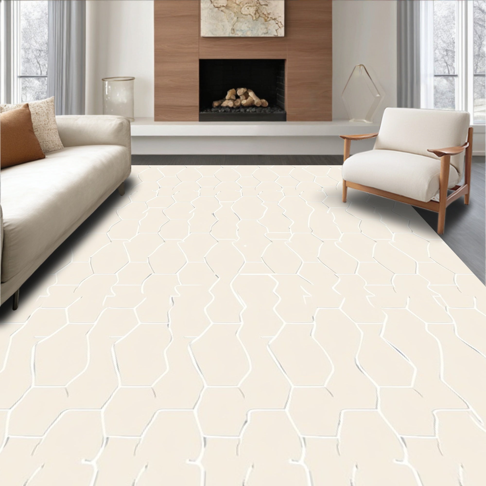 Cream Hexagon Lattice Relief Rug