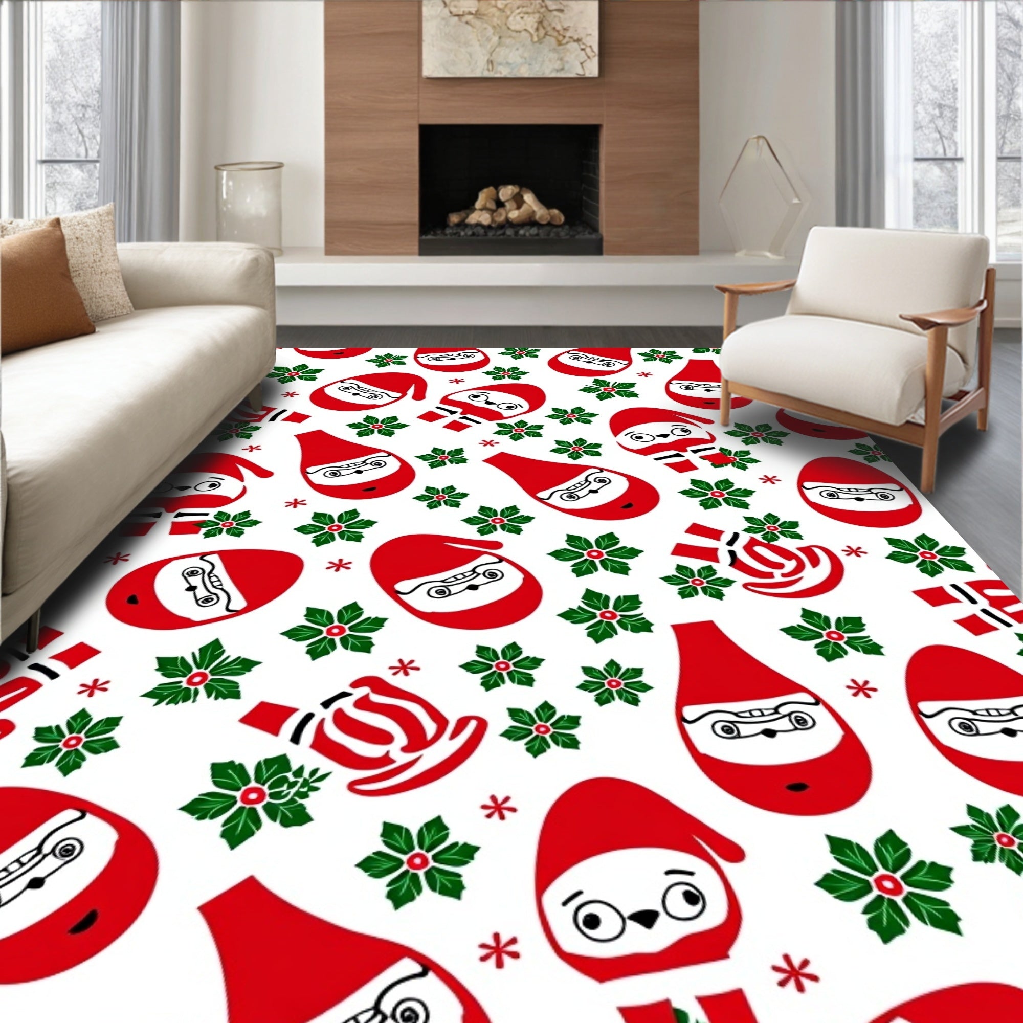 Charming Red Santa Claus Holly Sprigs Rug
