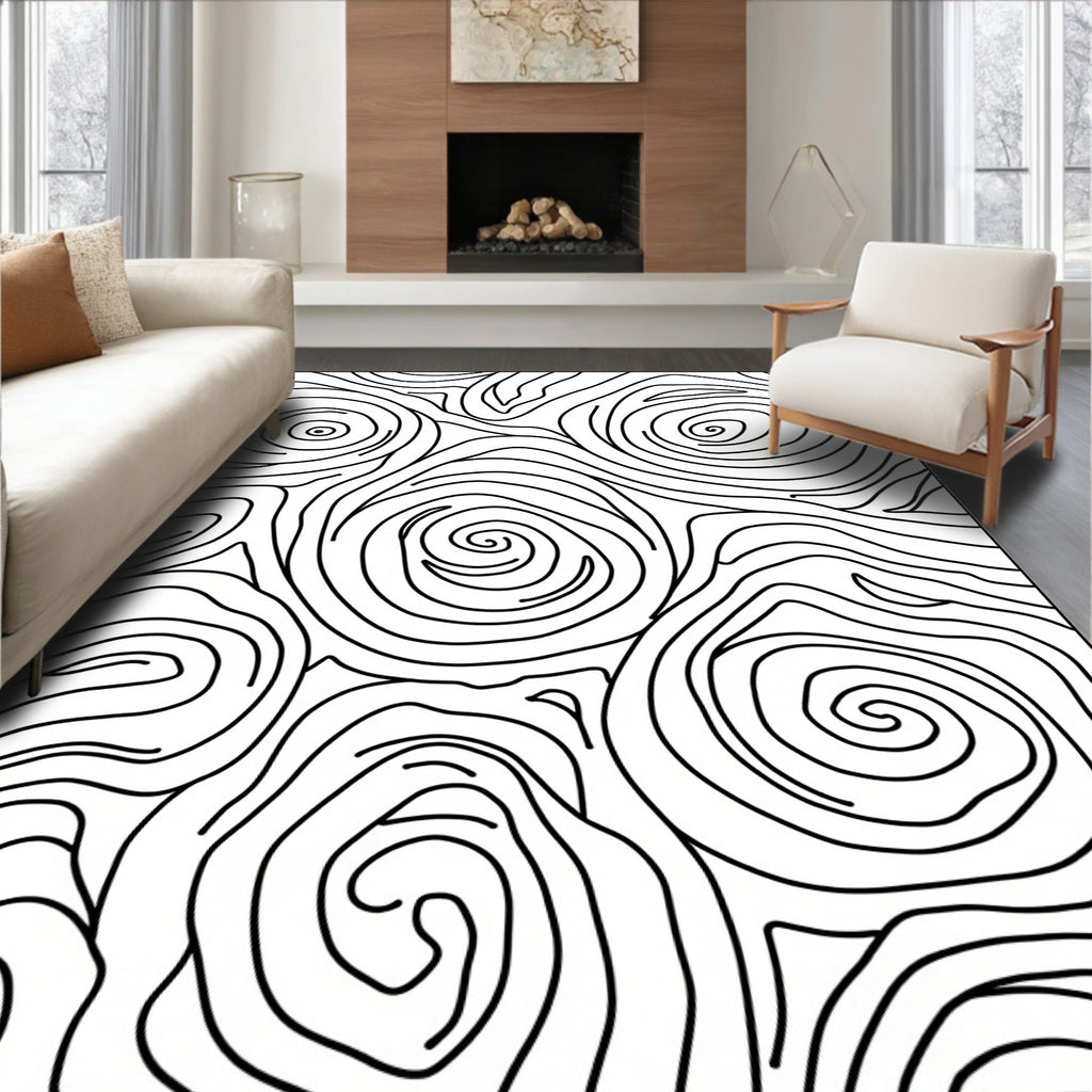 Abstract Black Swirl Line Art Rug