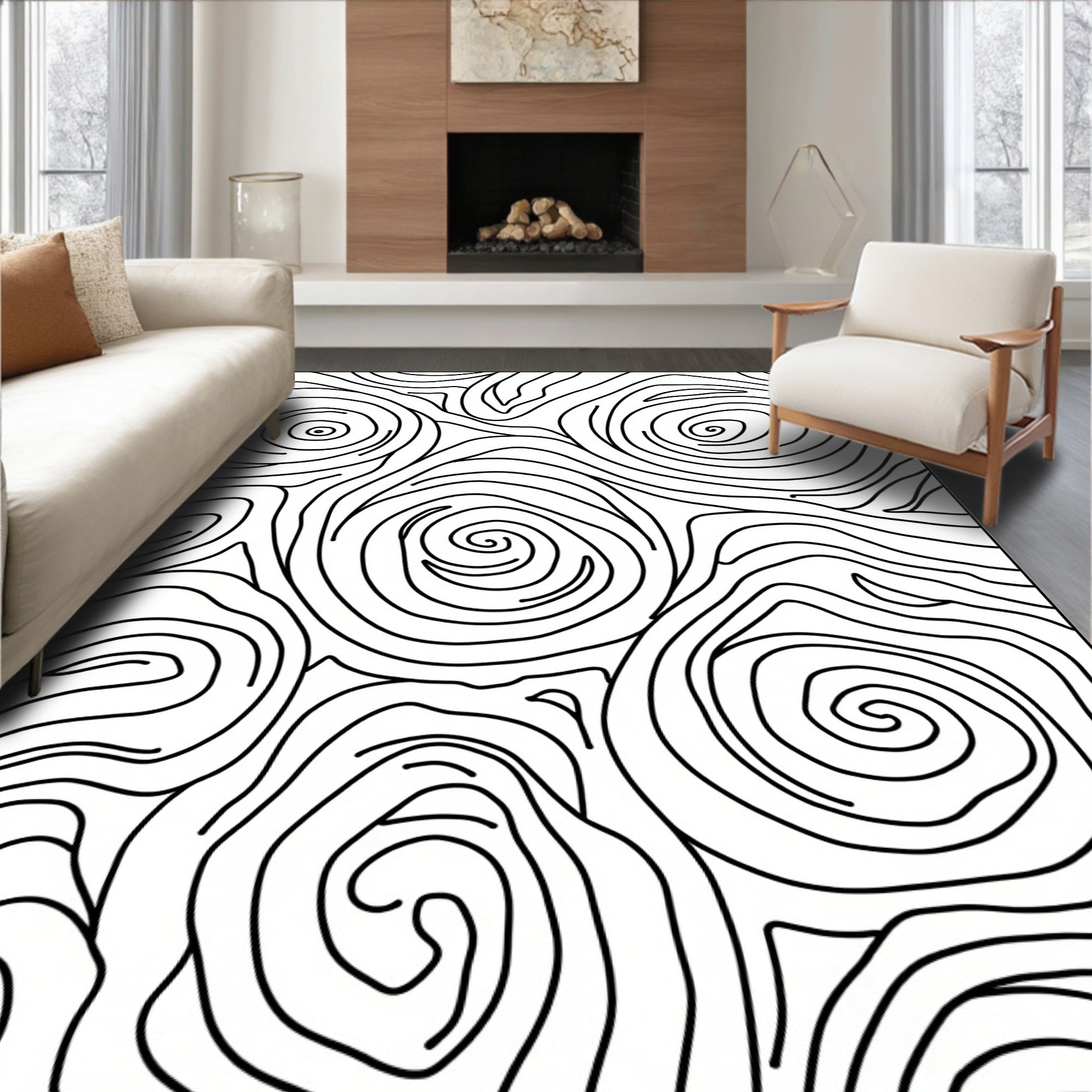 Abstract Black Swirl Line Art Rug