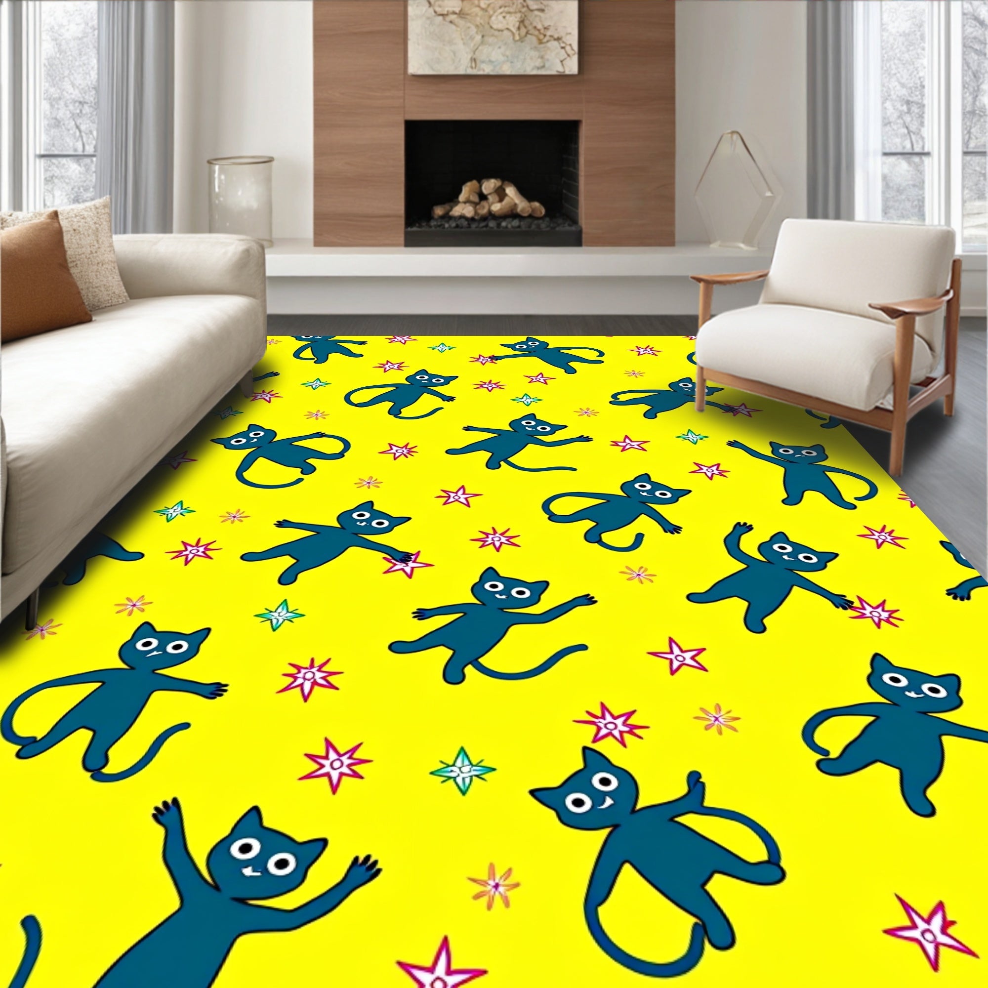 Whimsical Blue Cats Starry Yellow Rug