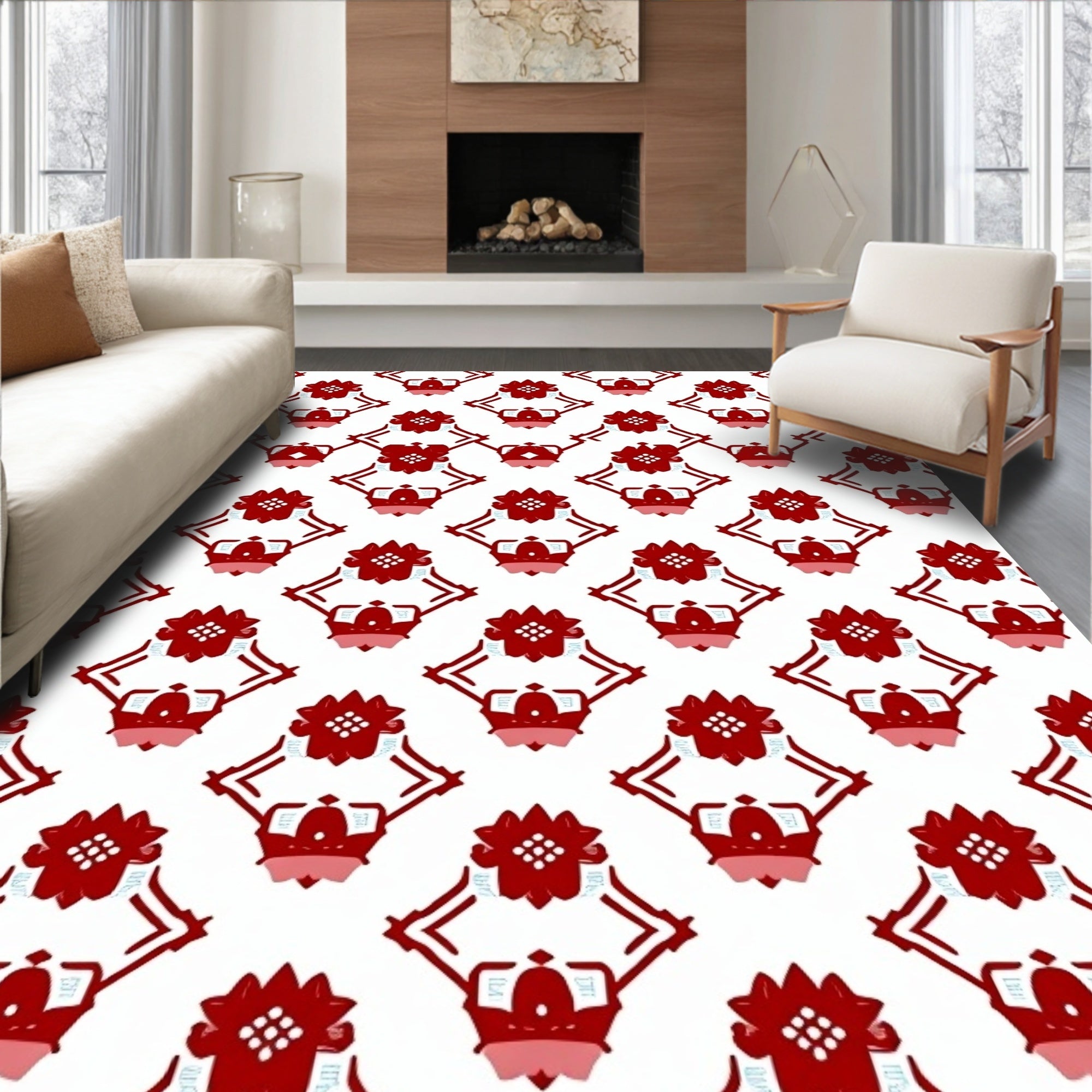 Crimson Floral Diamond Lattice Rug