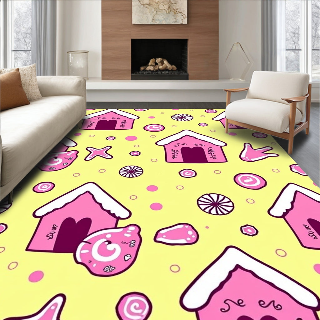 Pink Gingerbread Houses Yellow Background Rug