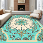Turquoise Cream Floral Medallion Border Rug