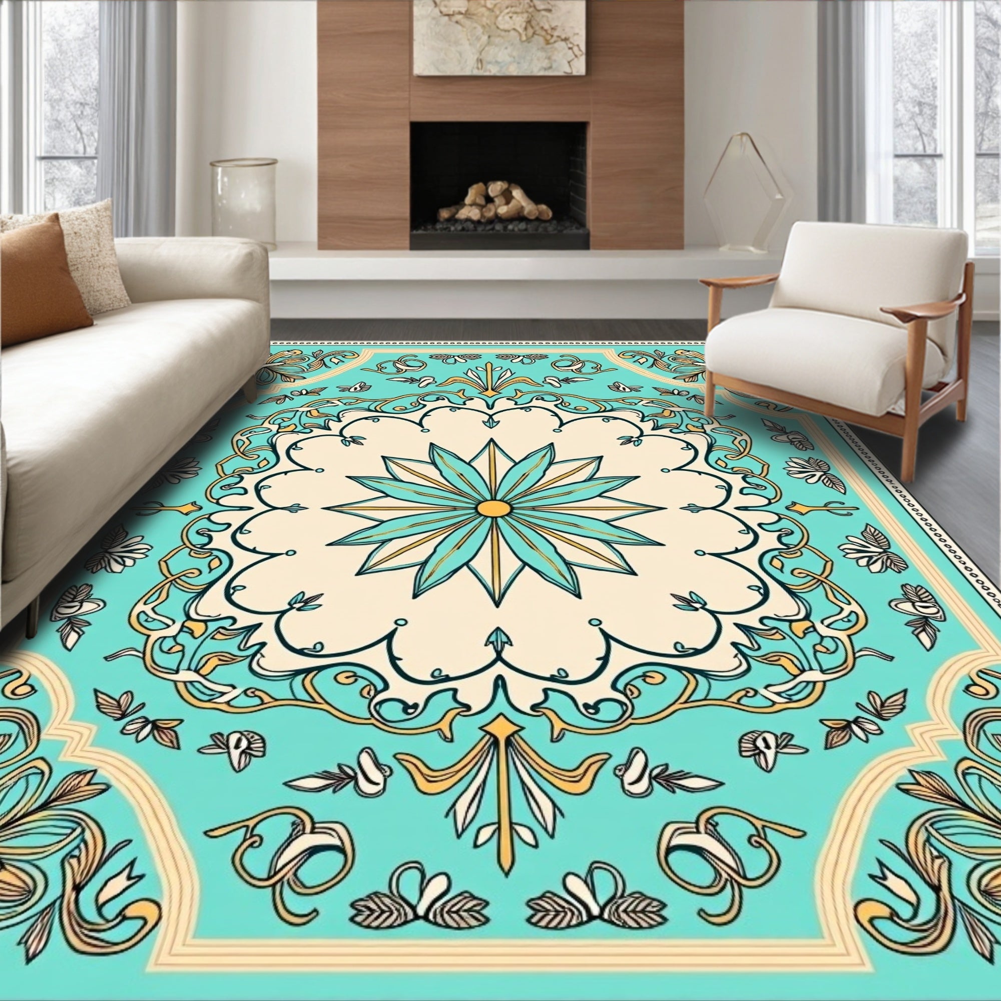 Turquoise Cream Floral Medallion Border Rug