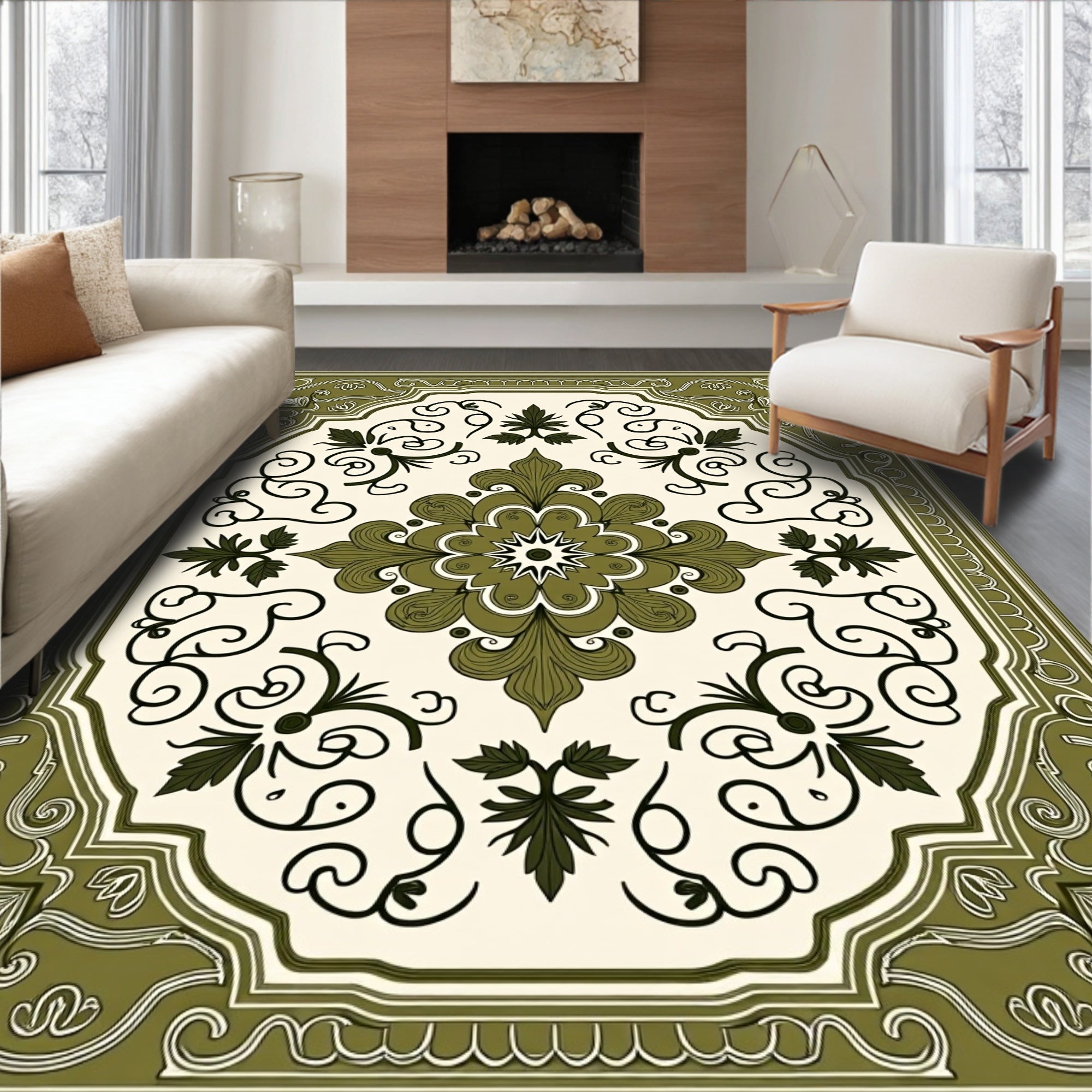 Olive Green Floral Medallion Centerpiece Rug