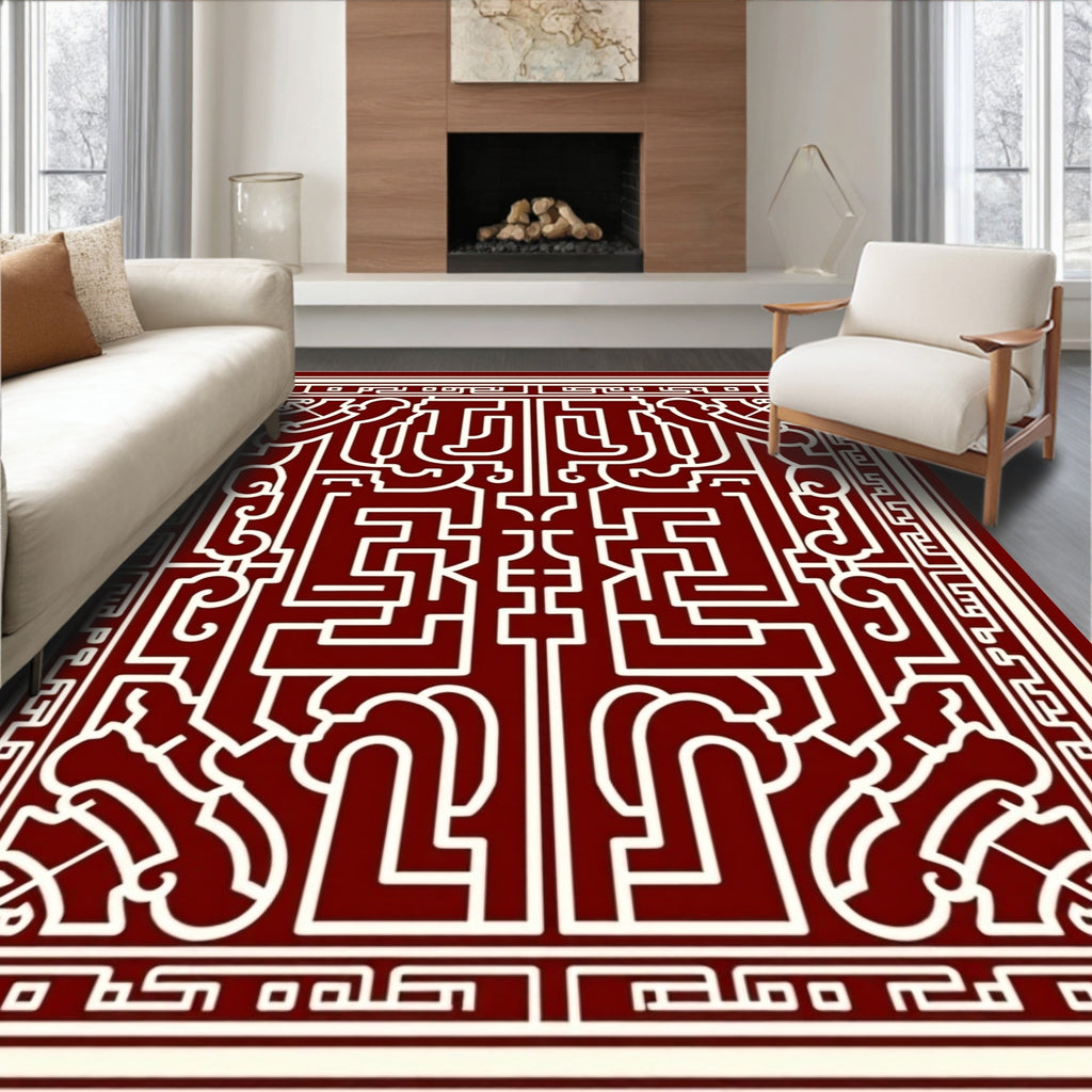 Crimson Cream Labyrinth Art Rug