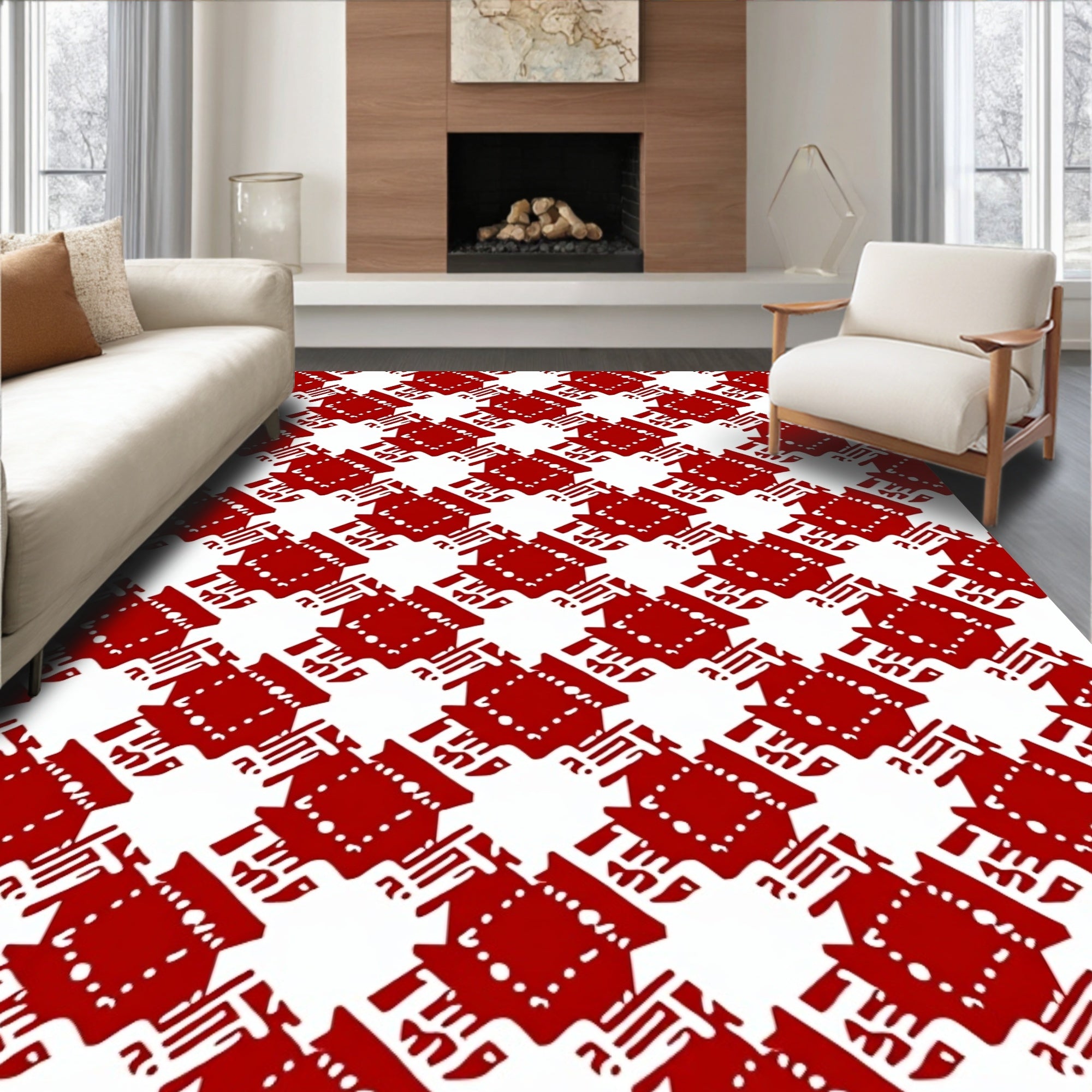 Crimson Houndstooth Geometric Rug