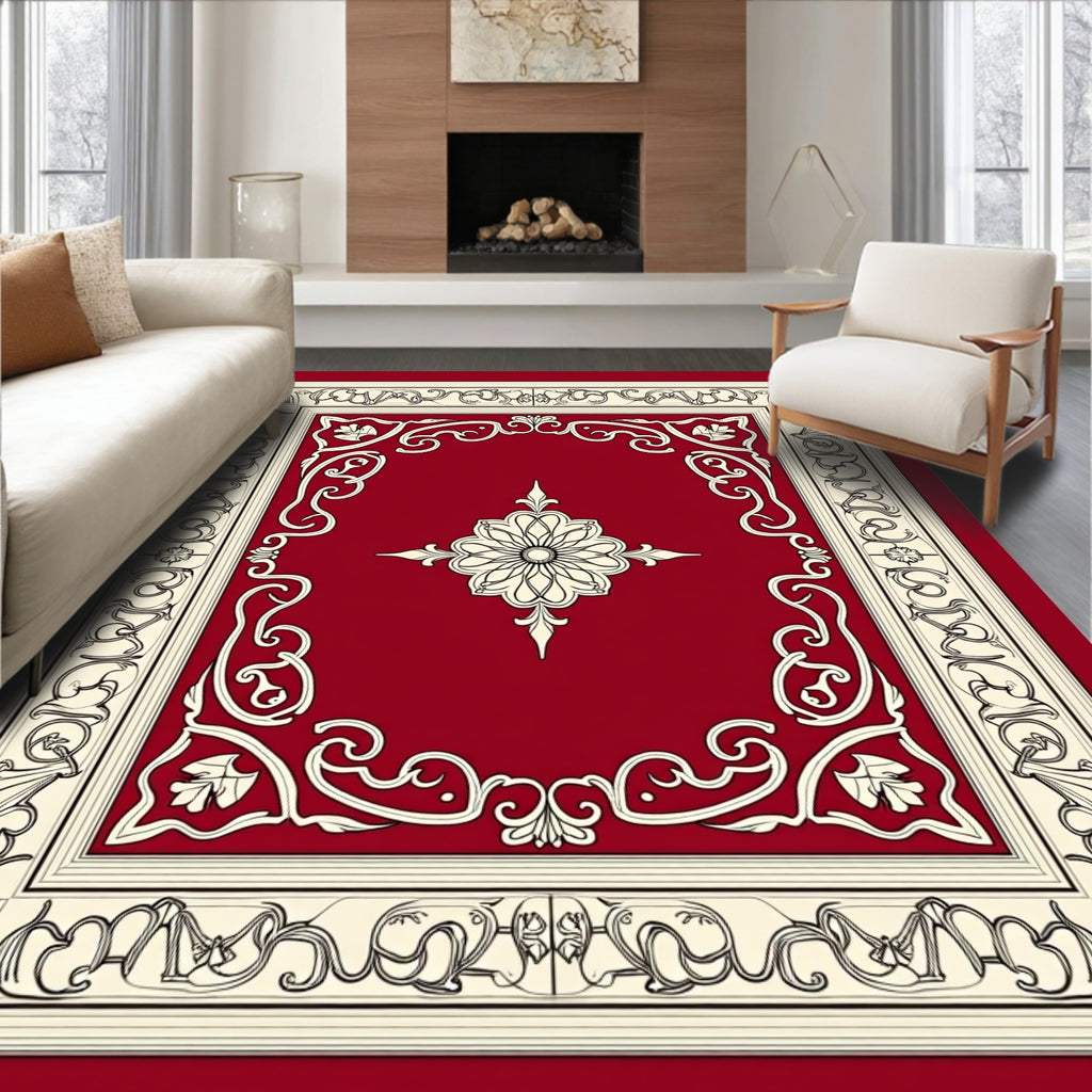 Rich Crimson Floral Medallion Border Rug