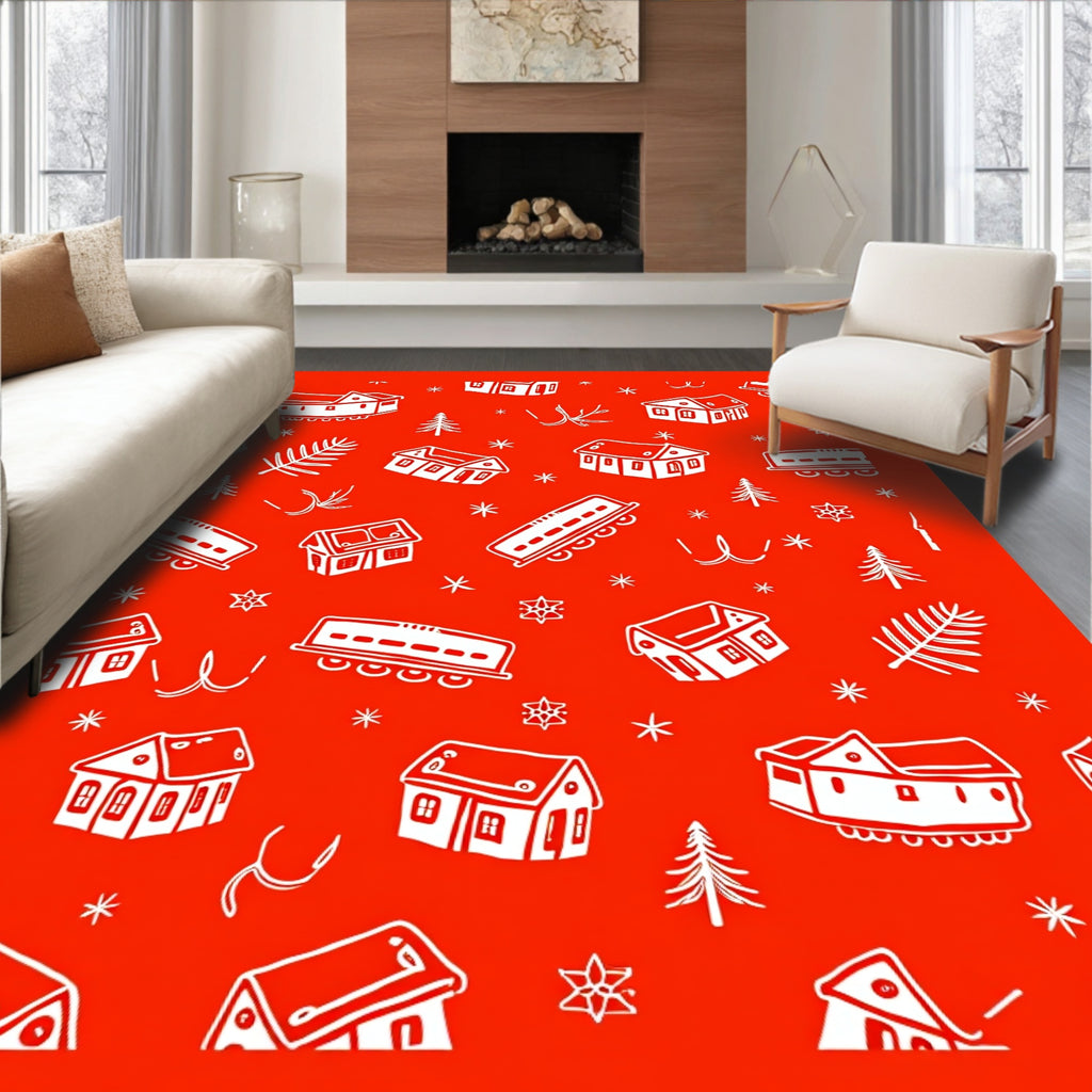 Whimsical Village Train Landscape Rug