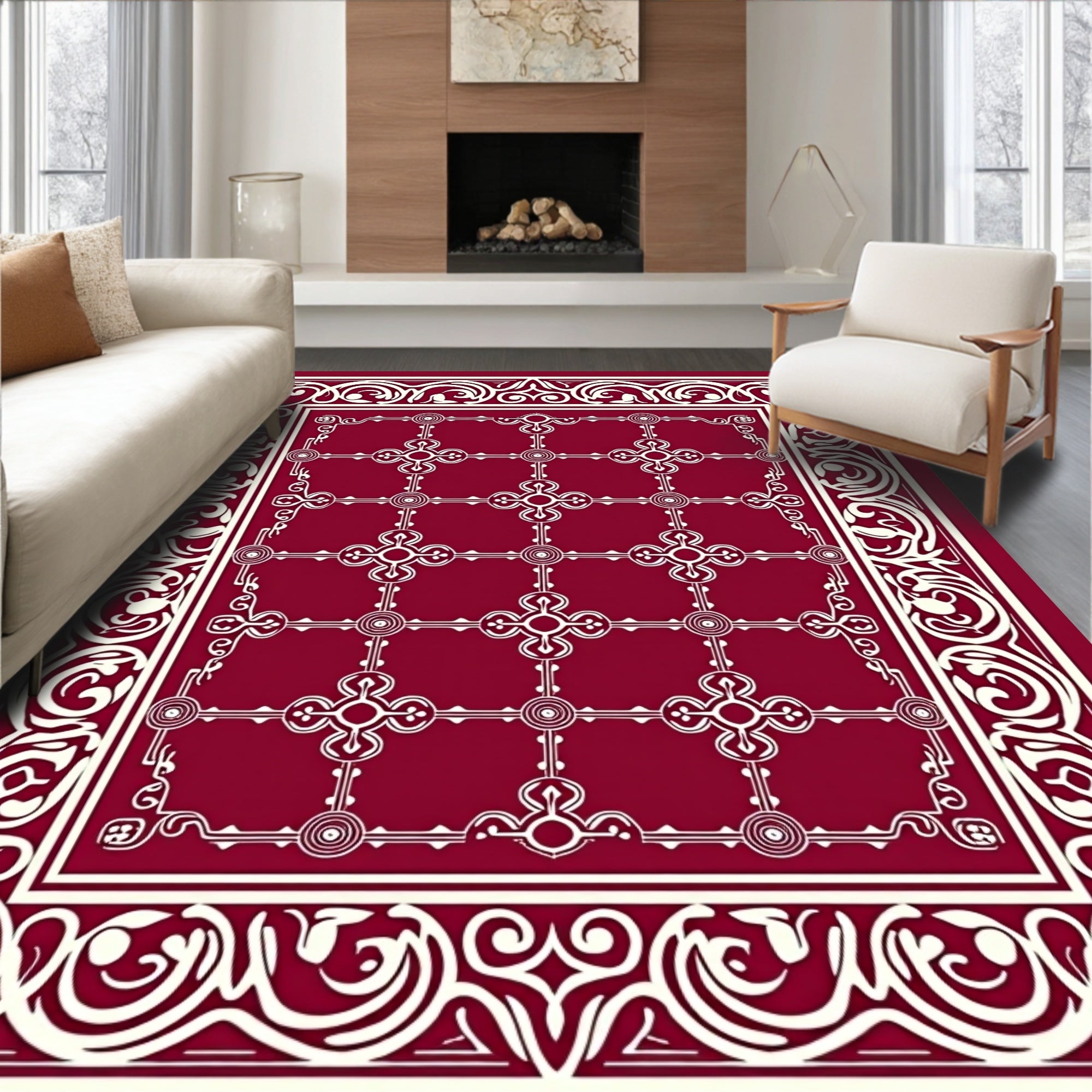 Ornate Crimson Geometric Border Rug