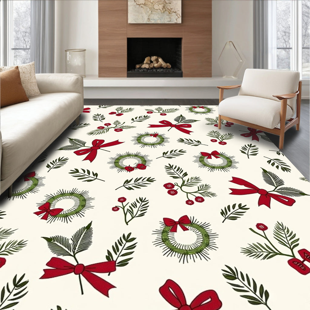 Festive Red Bow Wreath Holly Rug