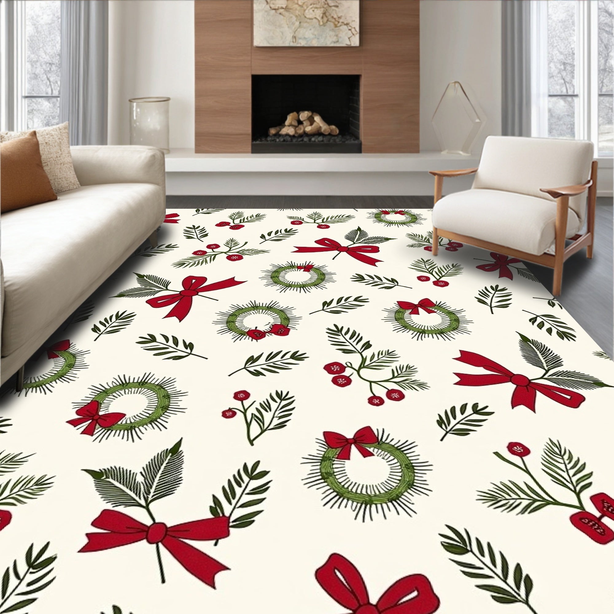 Festive Red Bow Wreath Holly Rug