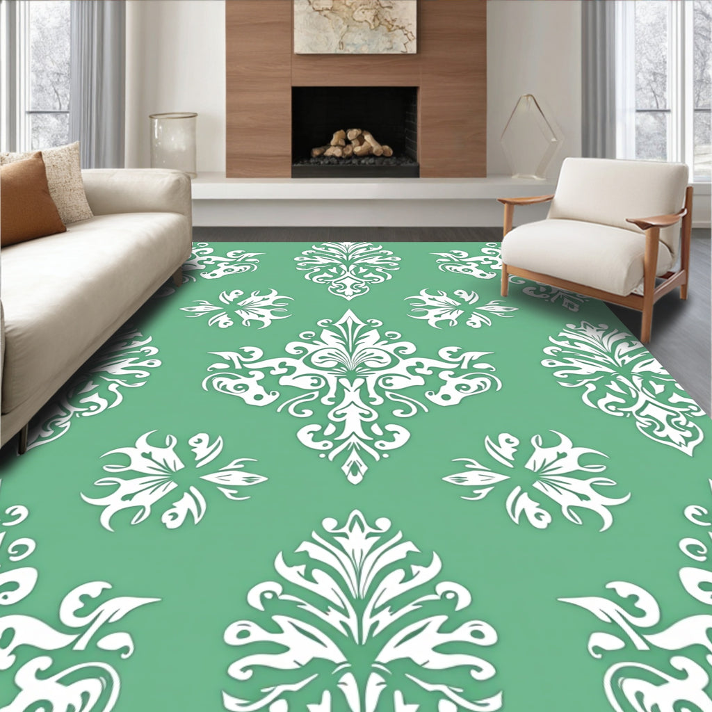 White Damask Flourish Green Backdrop Rug