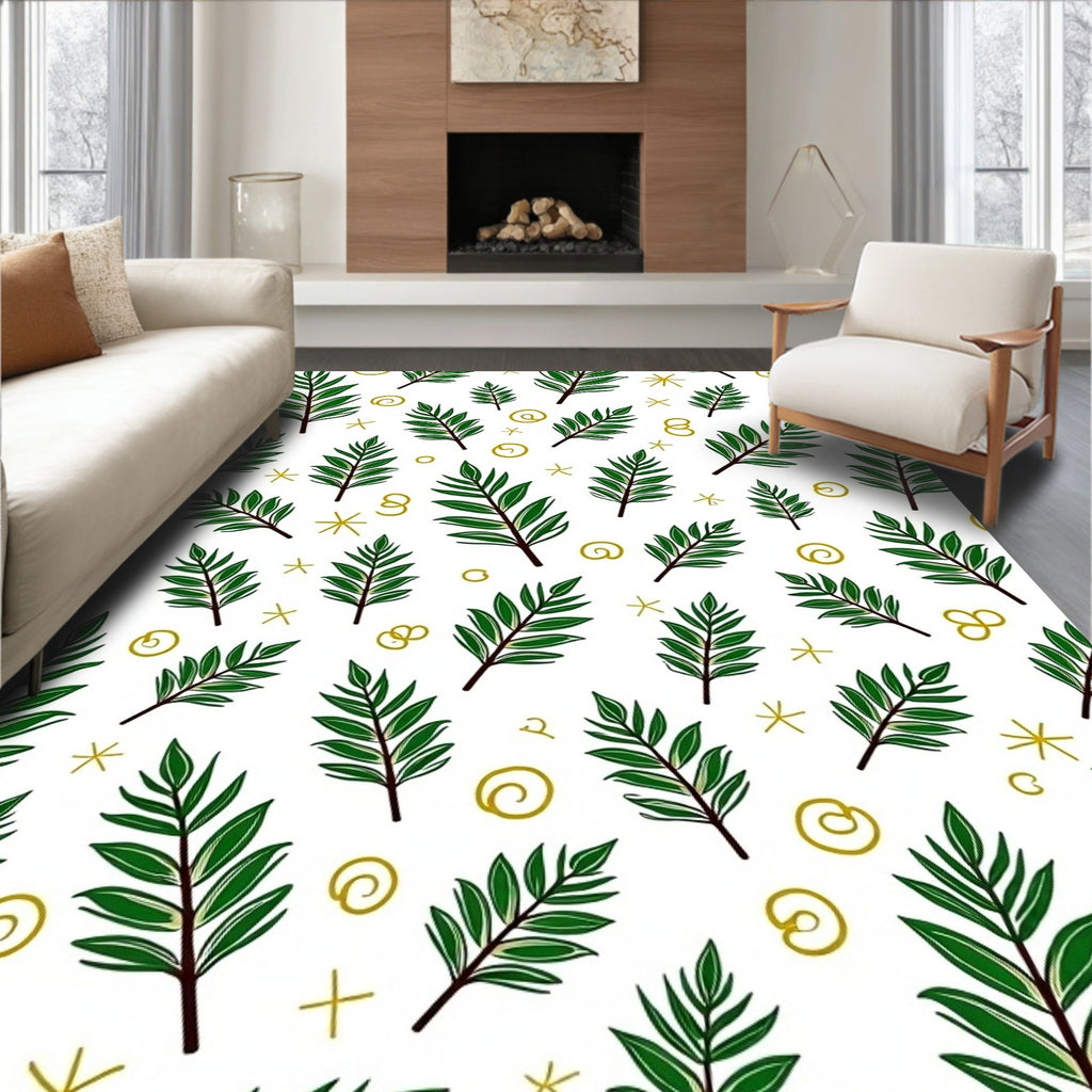 Green Leafy Sprigs Gold Swirls Rug