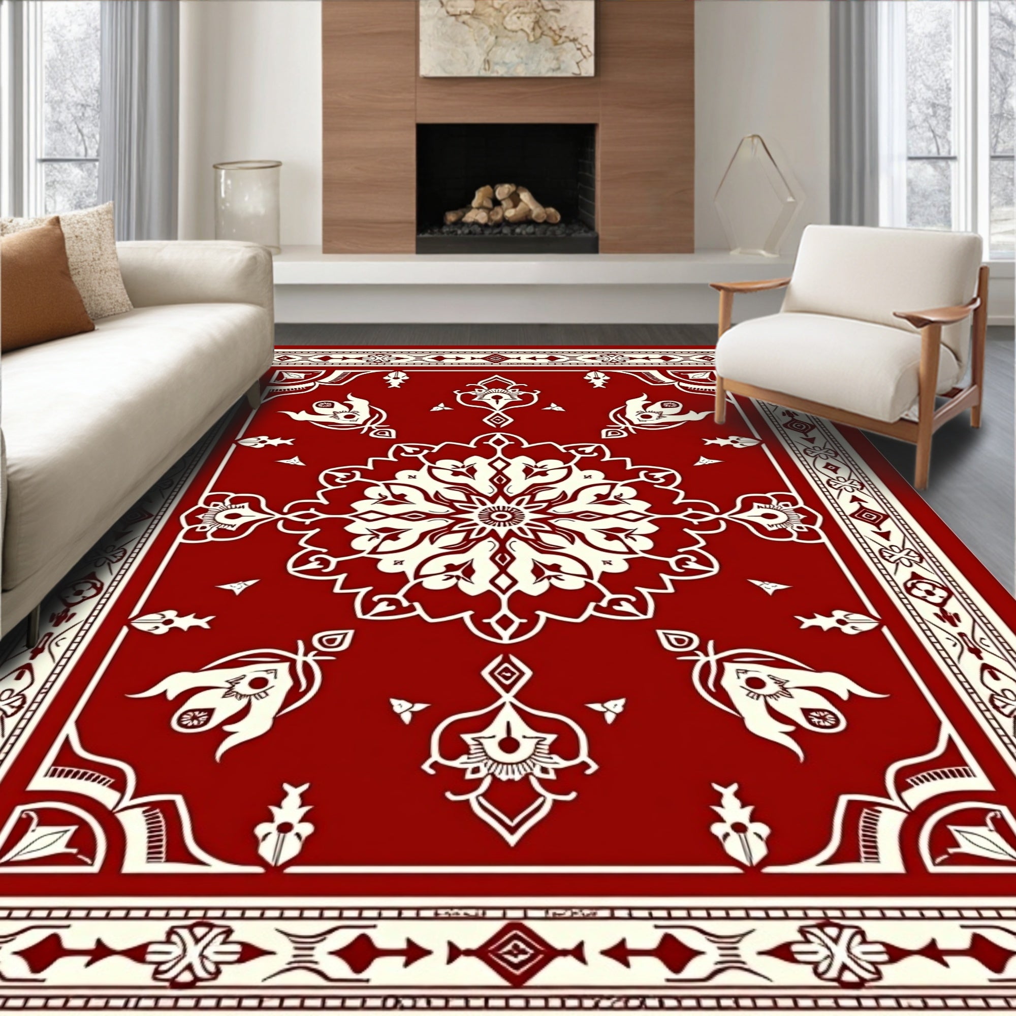 Crimson Cream Intricate Floral Medallion Rug