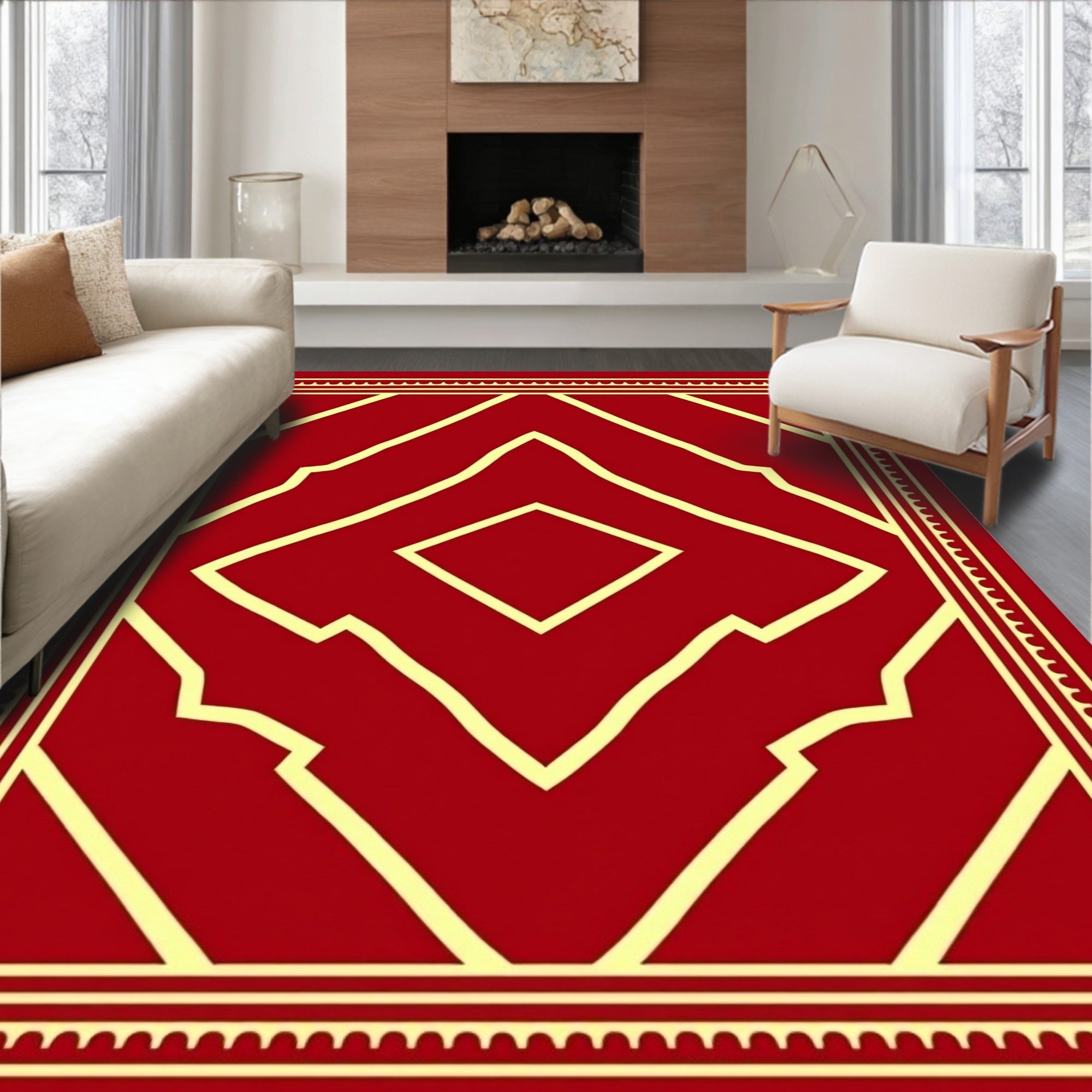Crimson Yellow Geometric Diamond Frame Rug