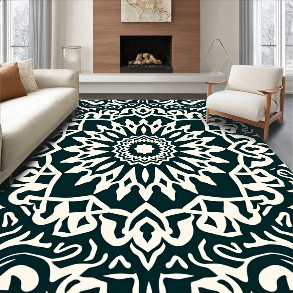 Dark Teal Off-White Mandala Medallion Rug