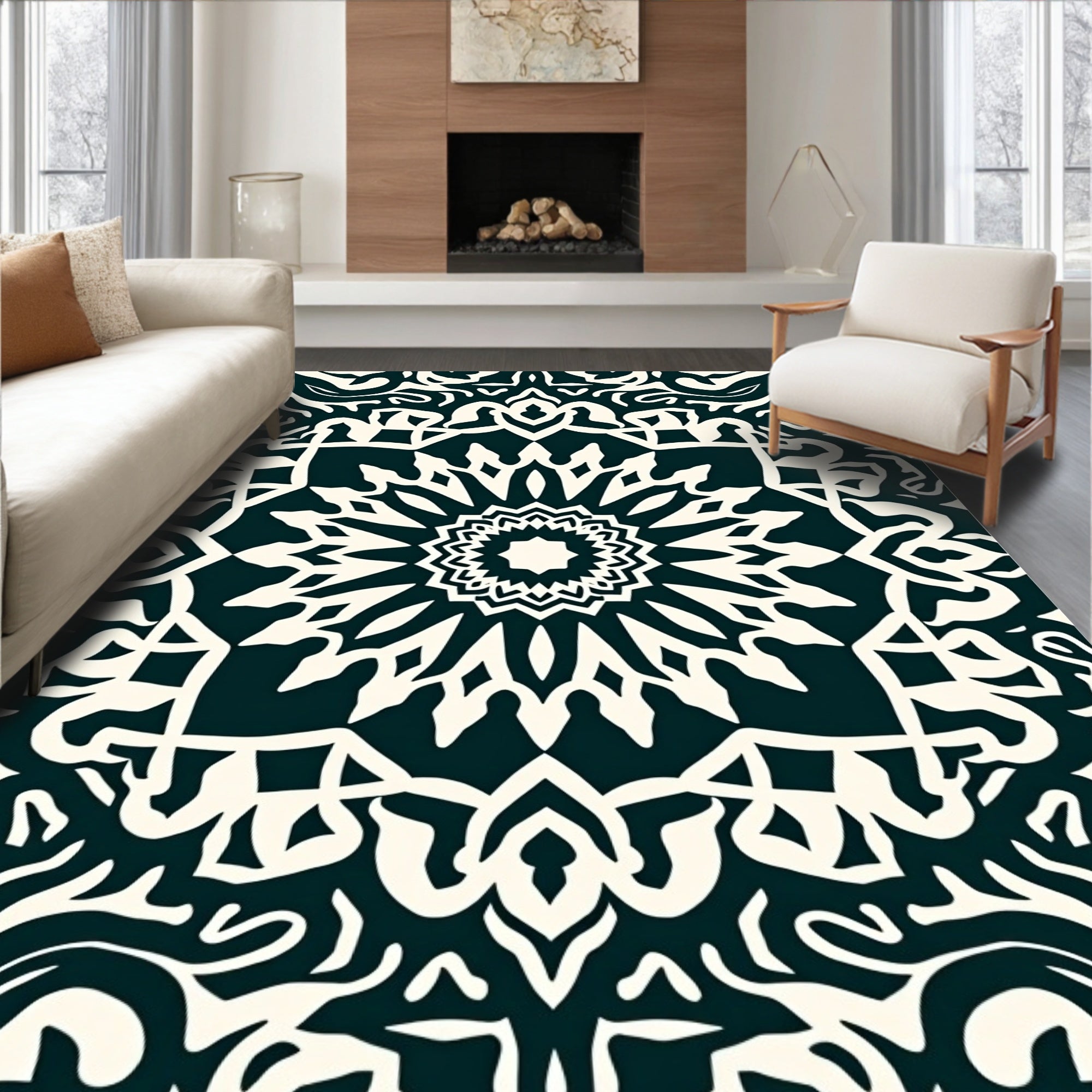 Dark Teal Off-White Mandala Medallion Rug