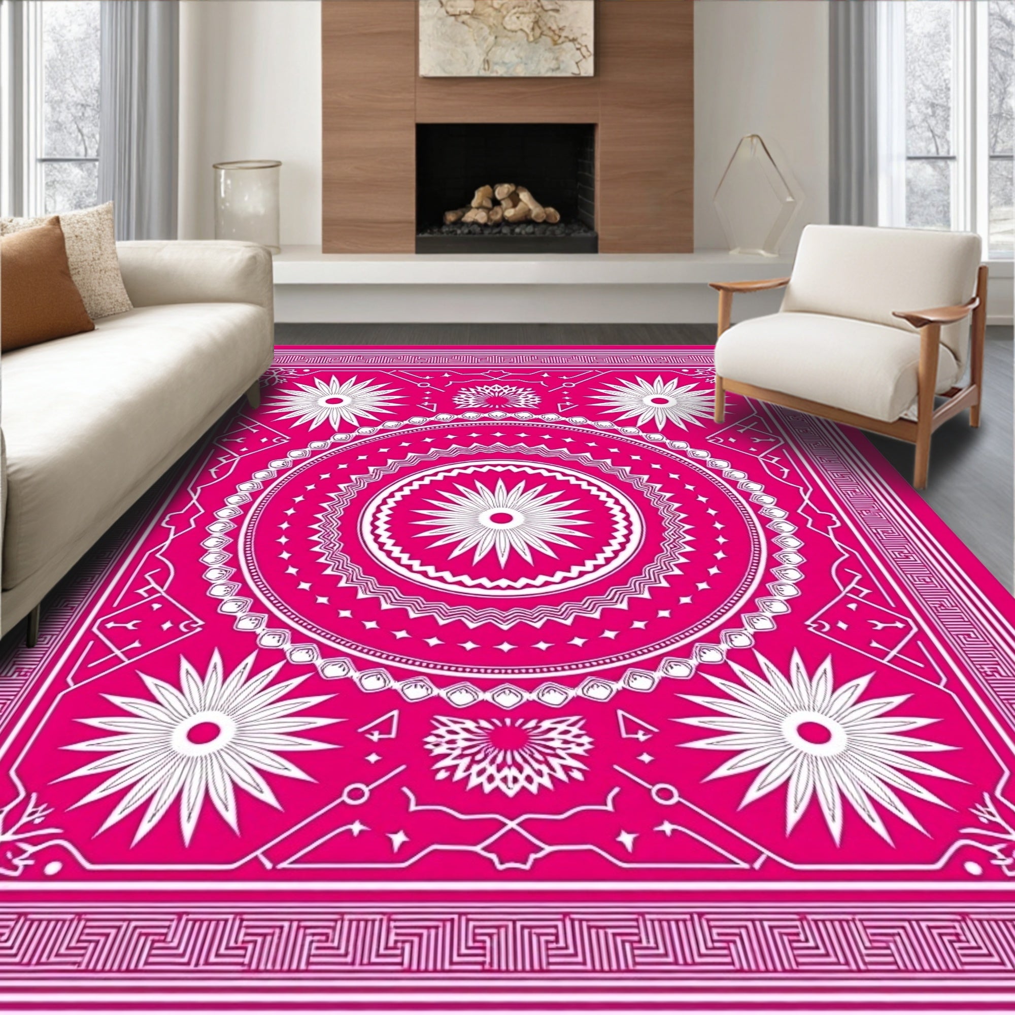 Vibrant Pink Starburst Mandala Rug