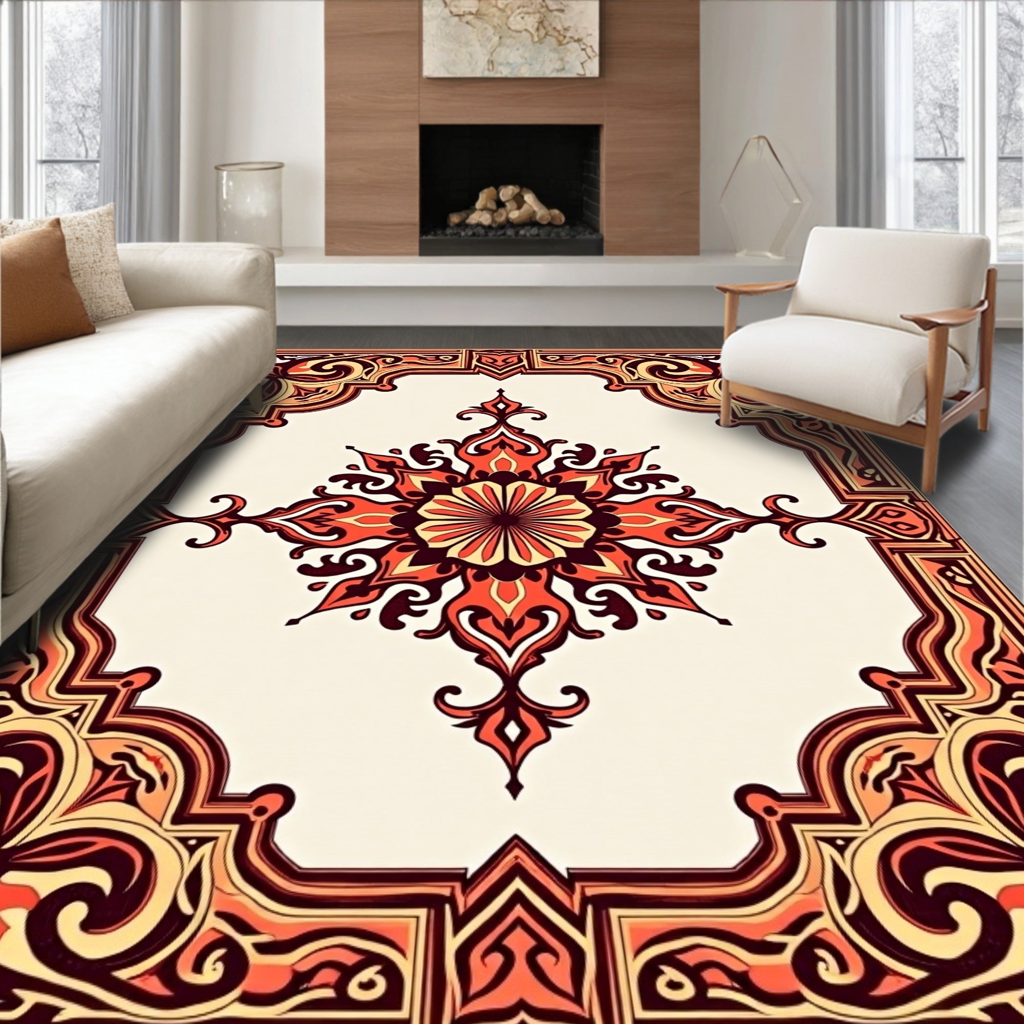 Crimson Orange Elaborate Medallion Frame Rug
