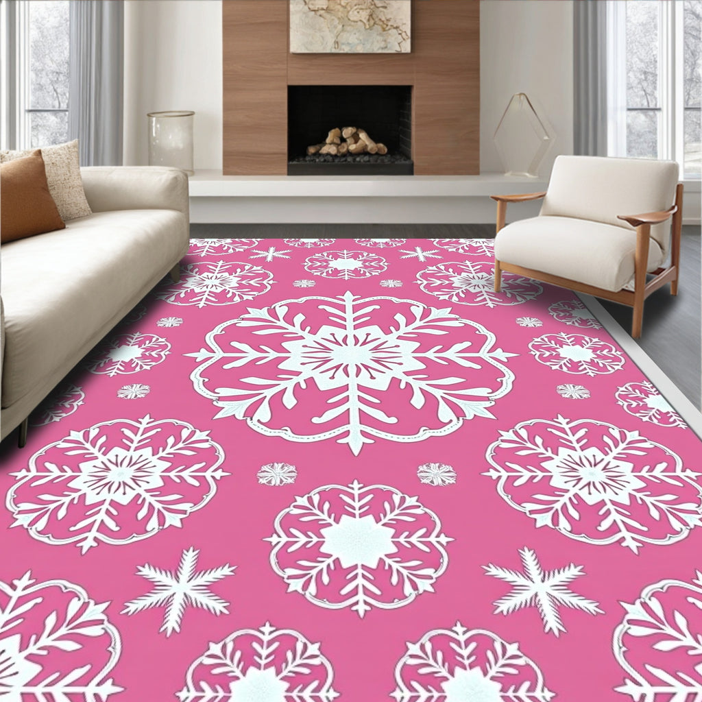 Pink White Snowflake Medallion Arrangement Rug