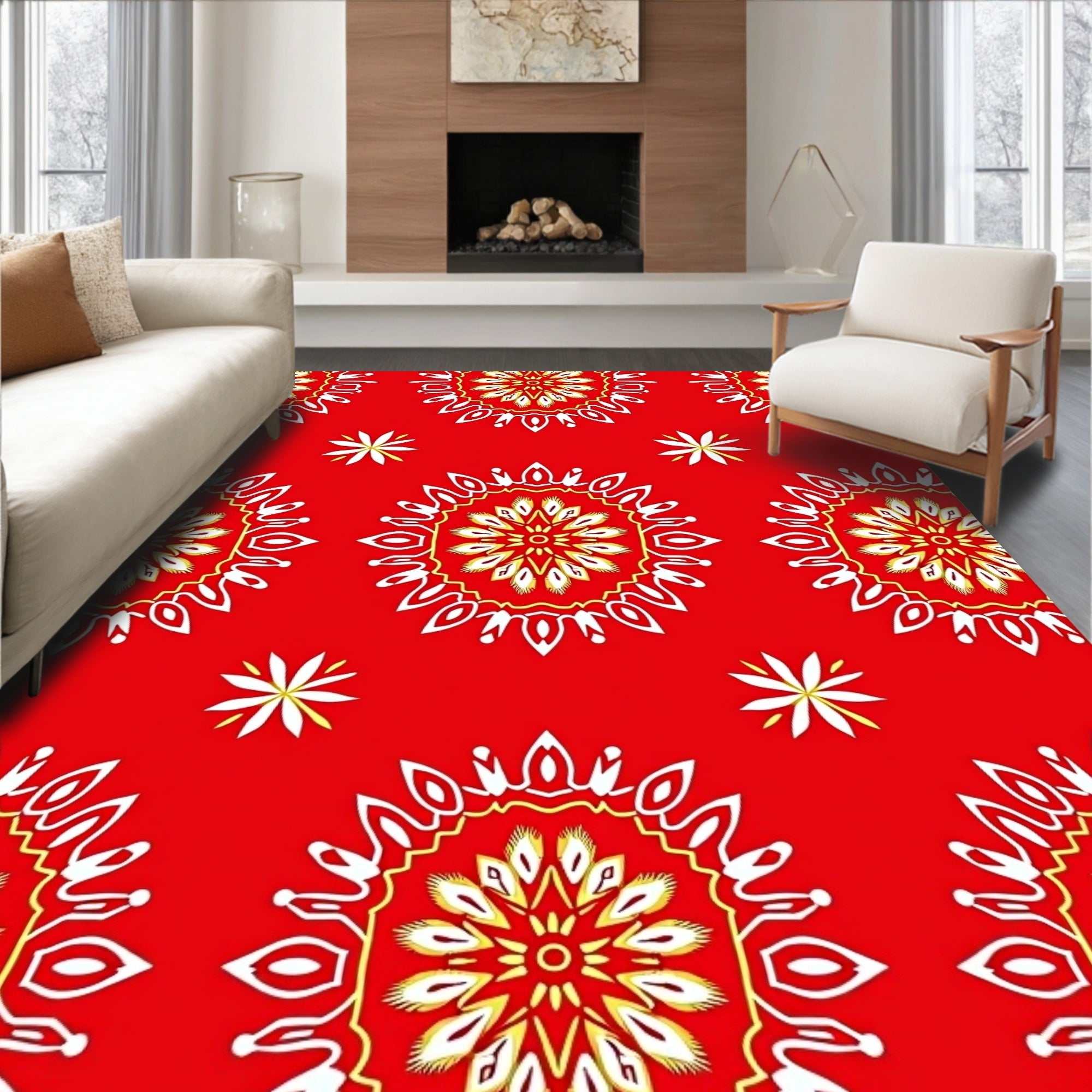 Red Mandala Flower Medallion Rug