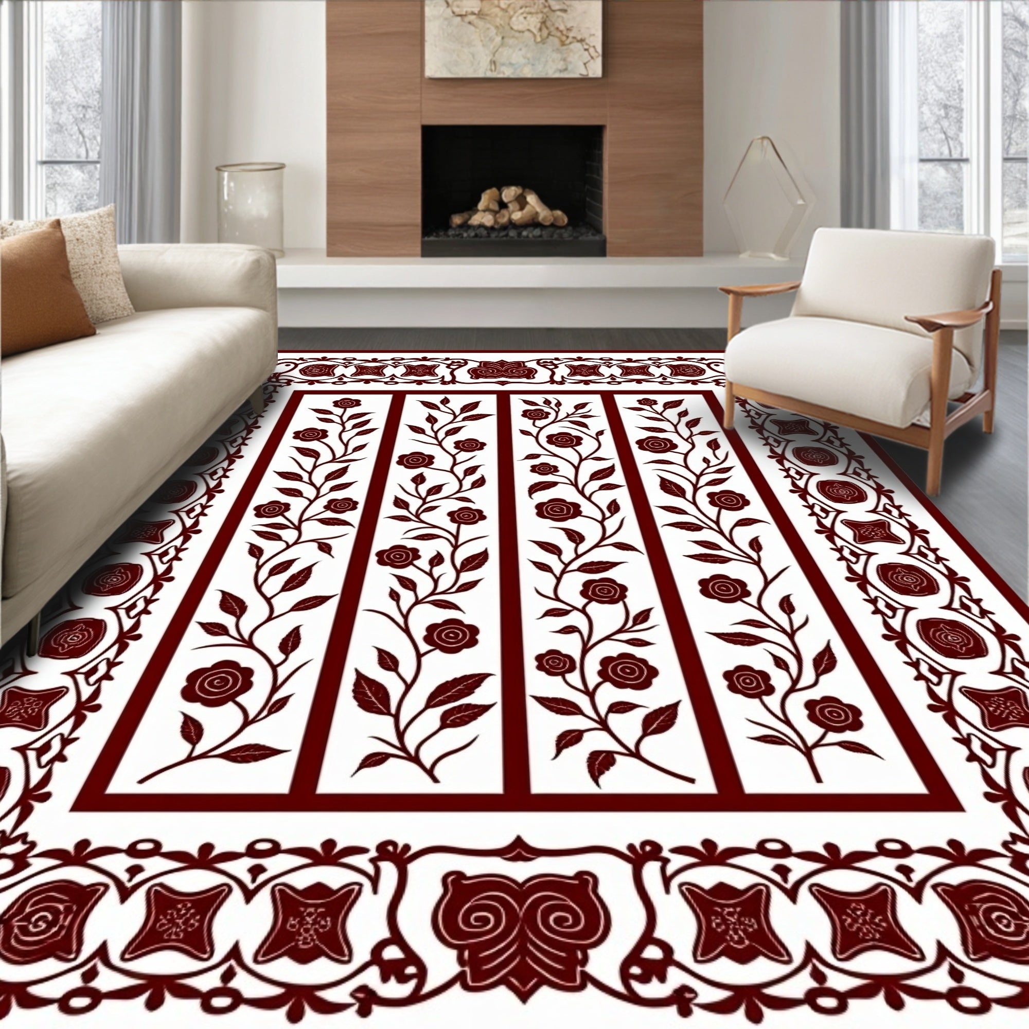 Ornate Burgundy Floral Vine Panels Rug