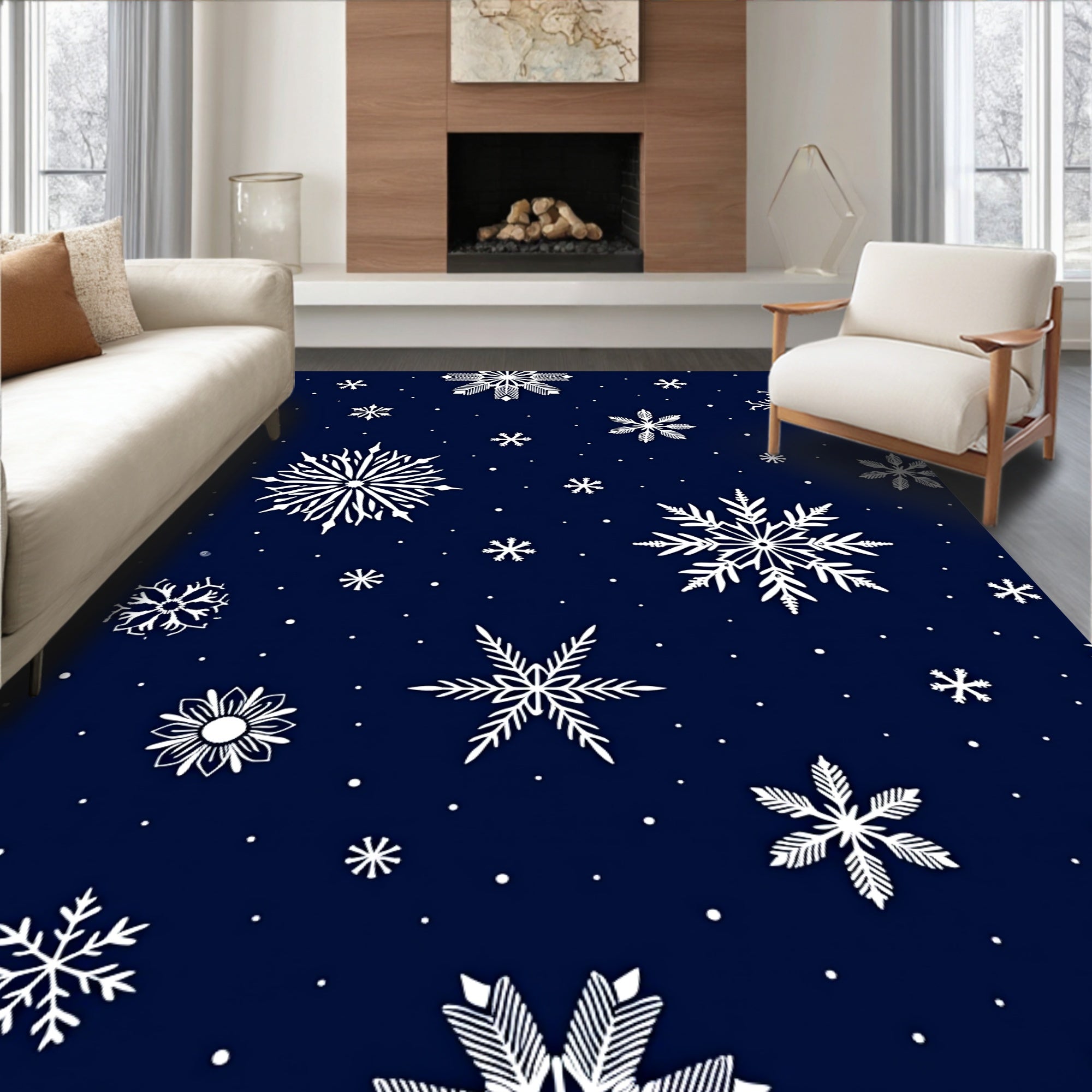 Navy White Snowflake Winter Rug