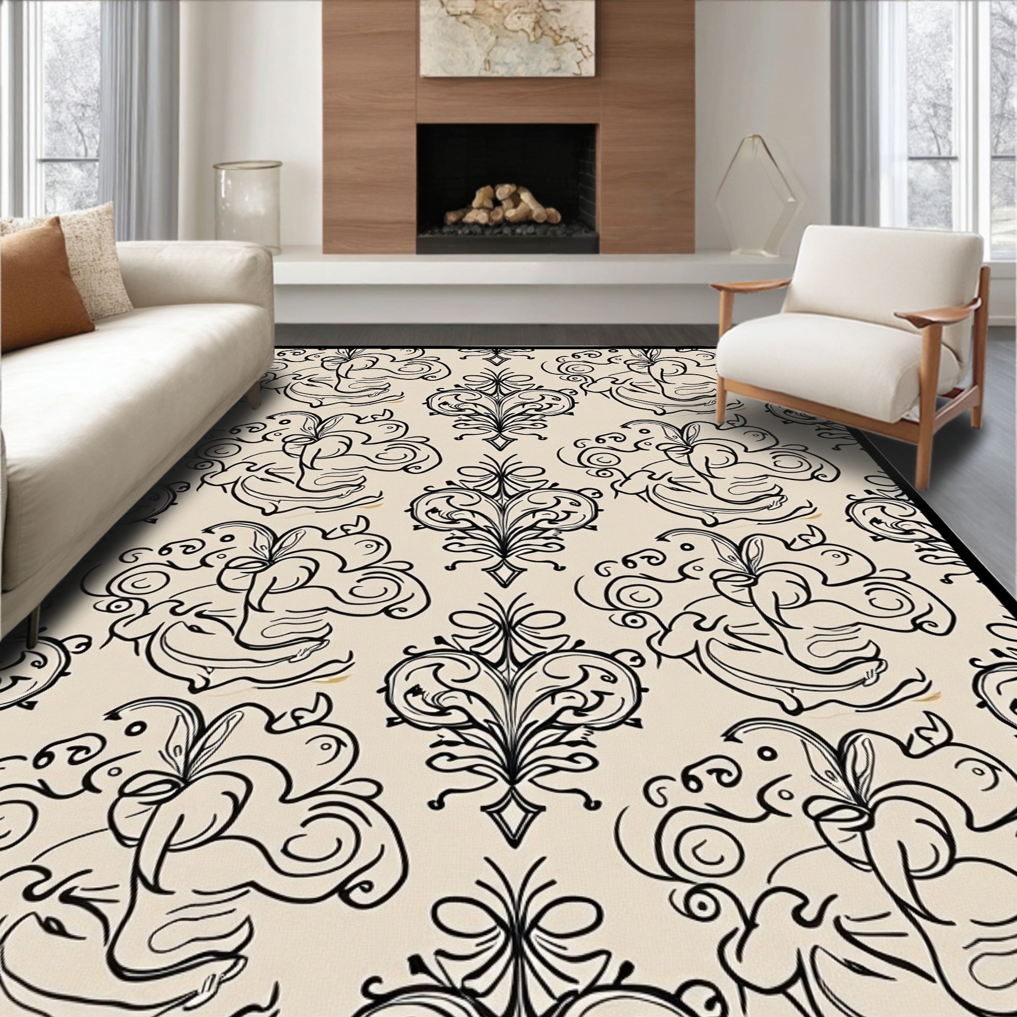 Cream Black Floral Scroll Accents Rug