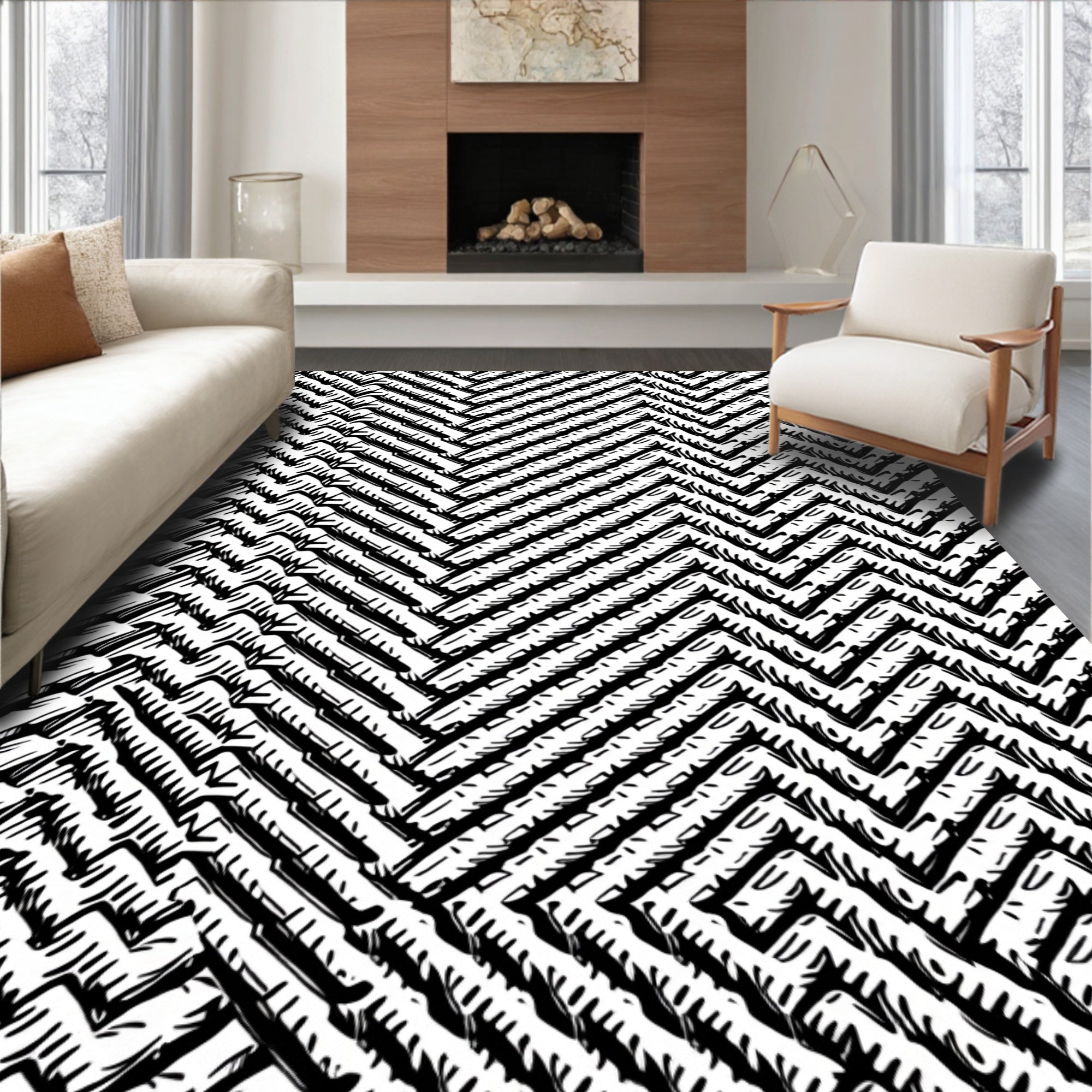 Black White Chevron Geometric Weave Rug