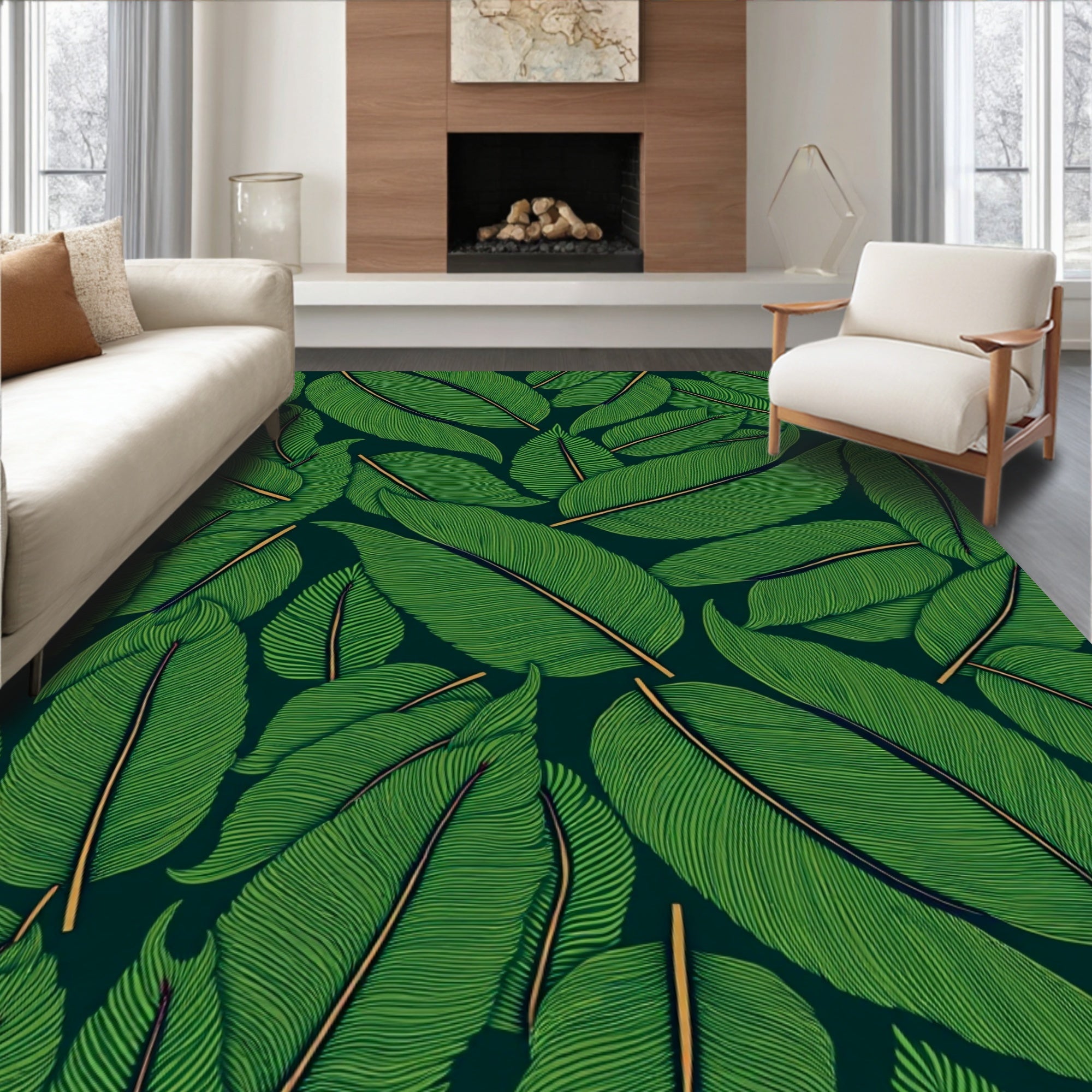 Bold Green Tropical Leaf Bunch Rug