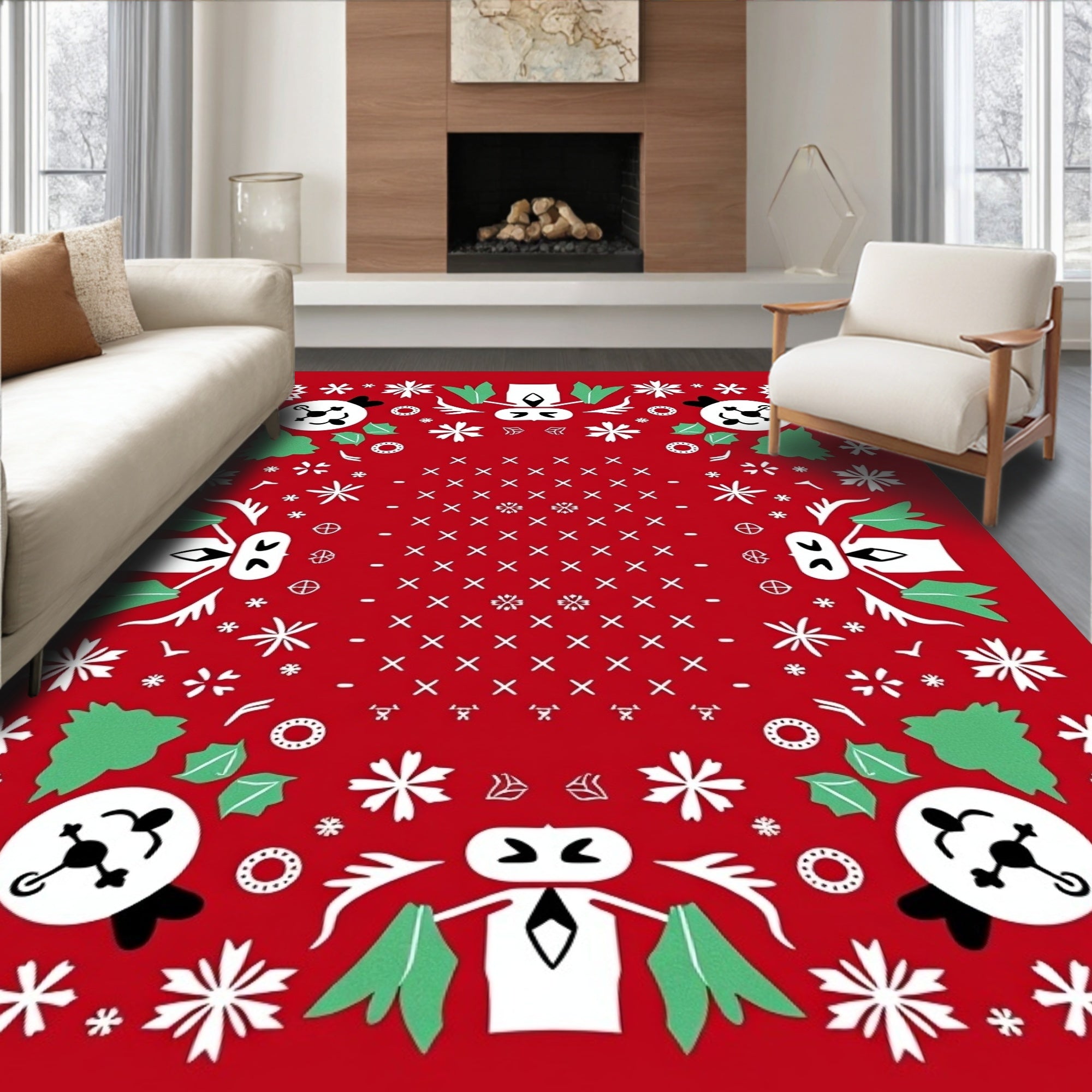 Whimsical Red Panda Snowflakes Holiday Rug