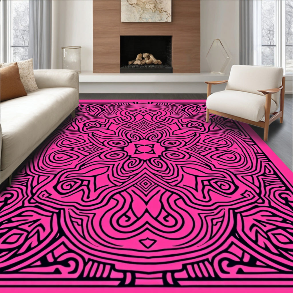 Vibrant Pink Black Tribal Mandala Rug
