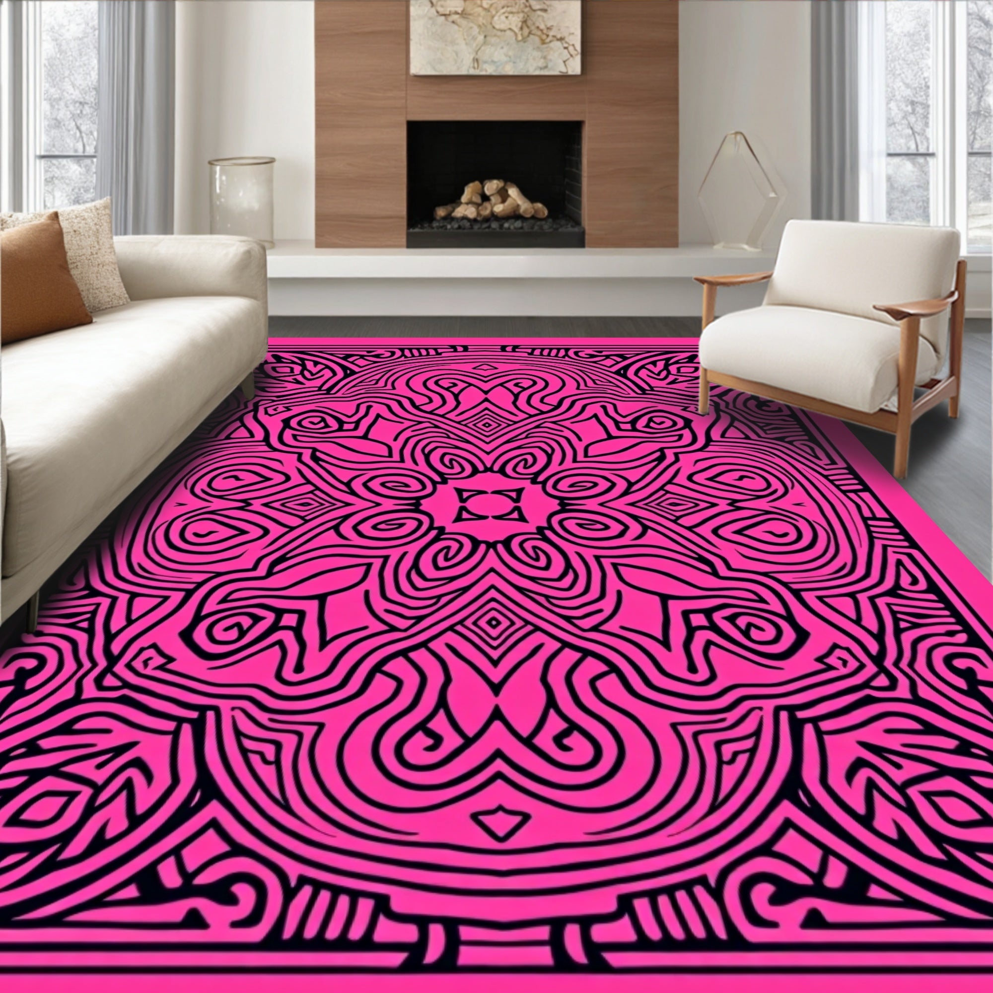Vibrant Pink Black Tribal Mandala Rug