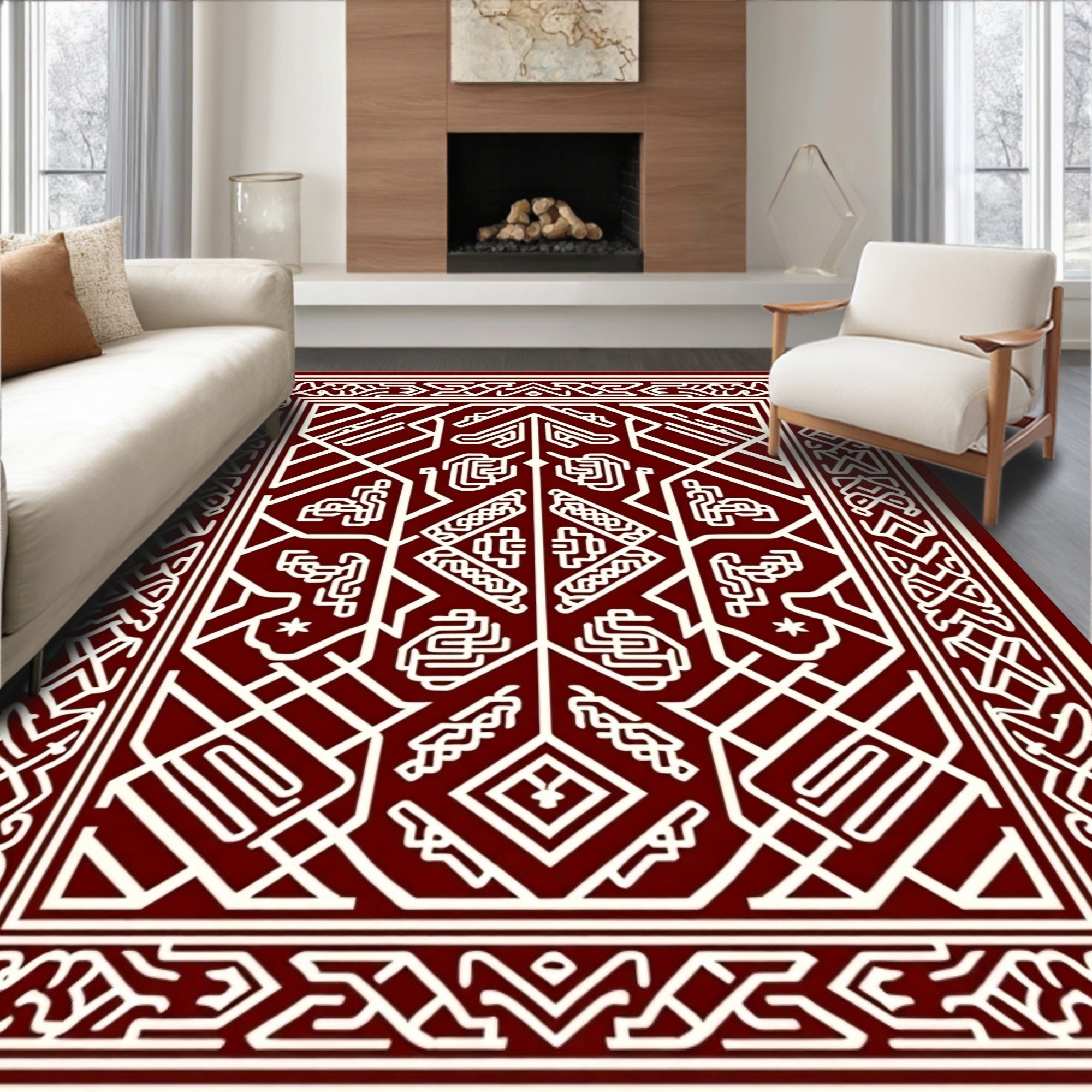 Crimson White Interlocking Geometric Fabric Rug