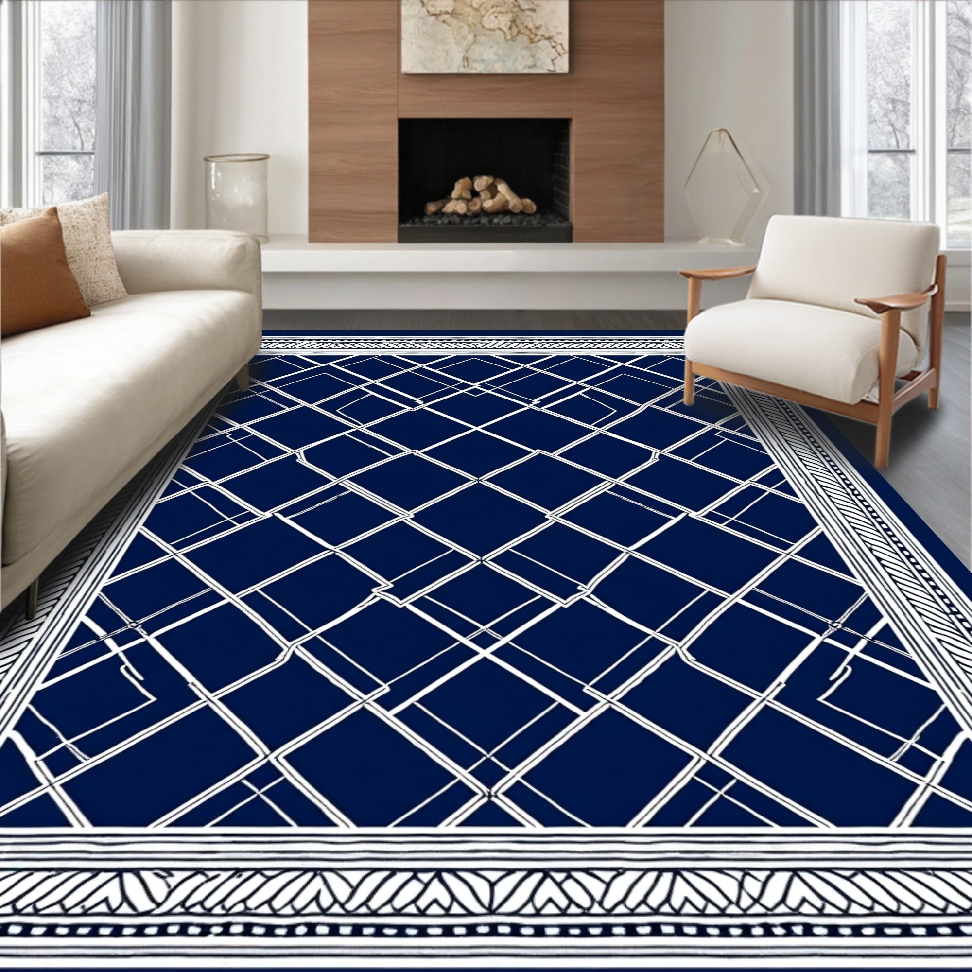 Deep Blue White Intersecting Diamonds Rug