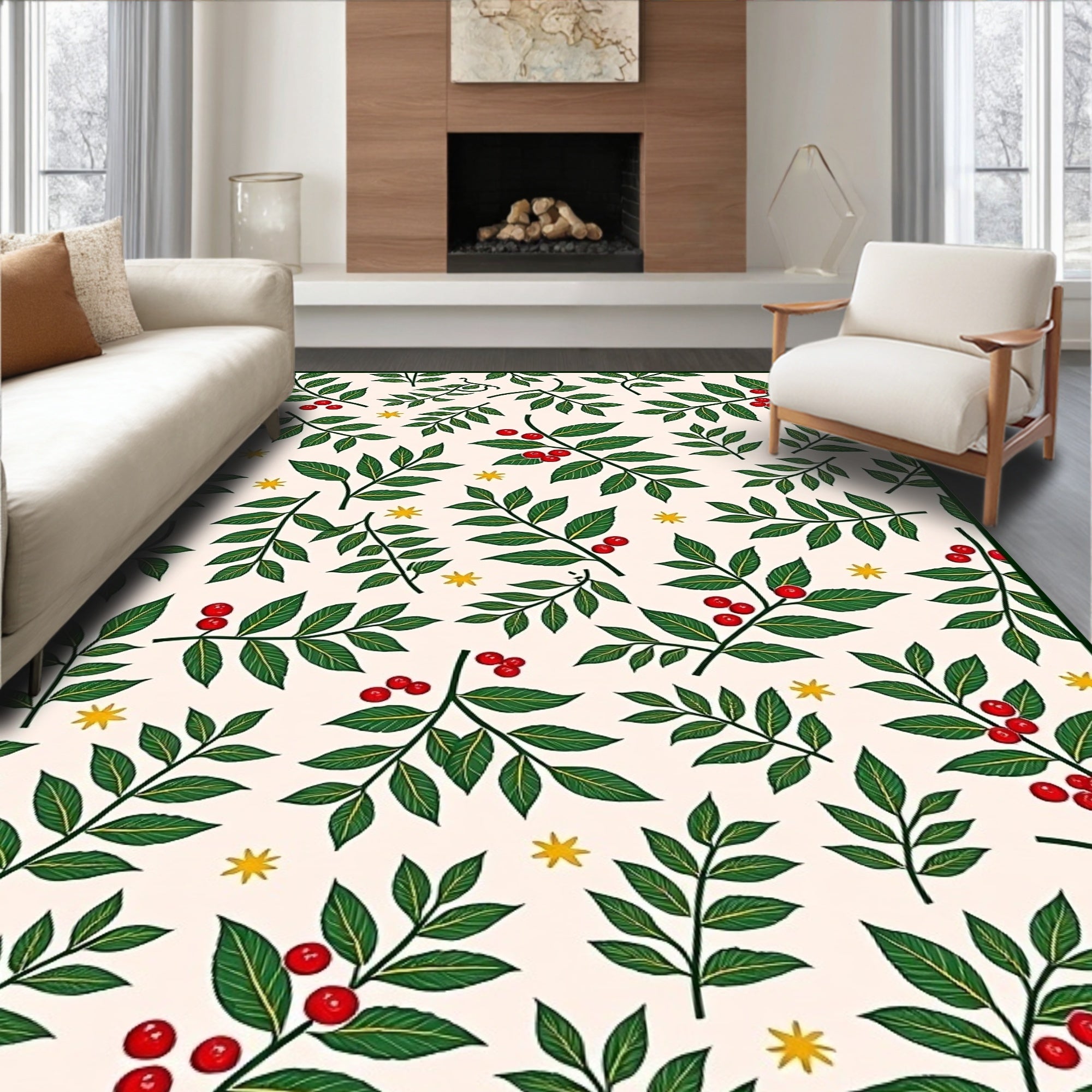 Cream Green Berry Branch Starburst Rug
