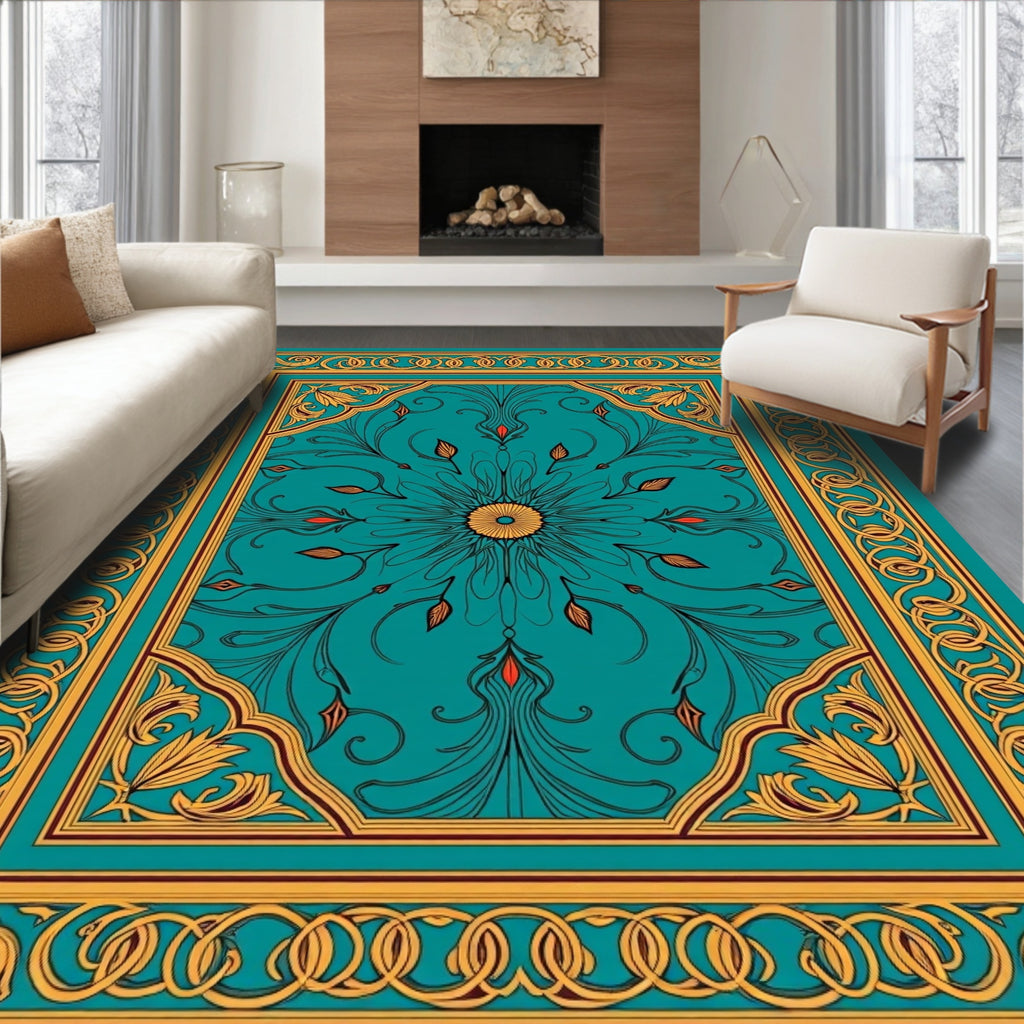Ornate Teal and Gold Floral Medallion Rug