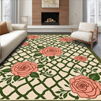Coral Roses on Green Lattice Ground Rug