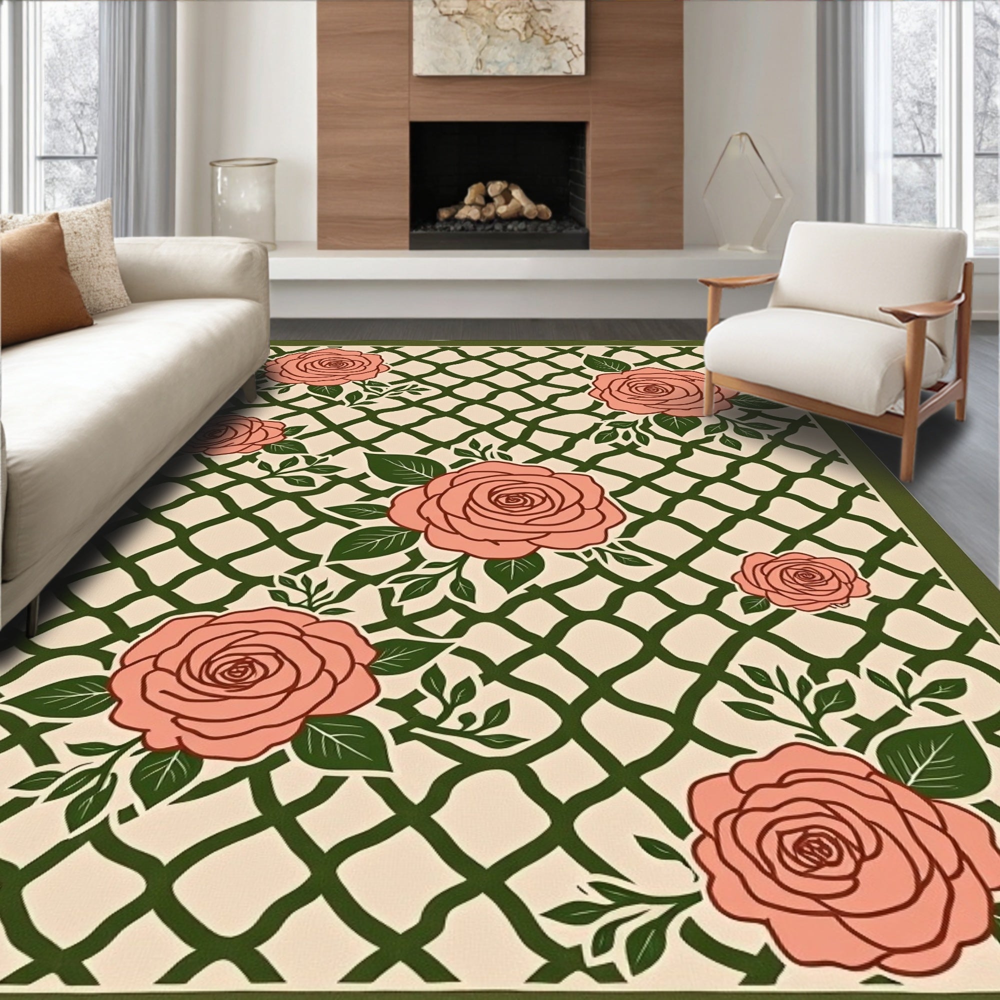 Coral Roses on Green Lattice Ground Rug